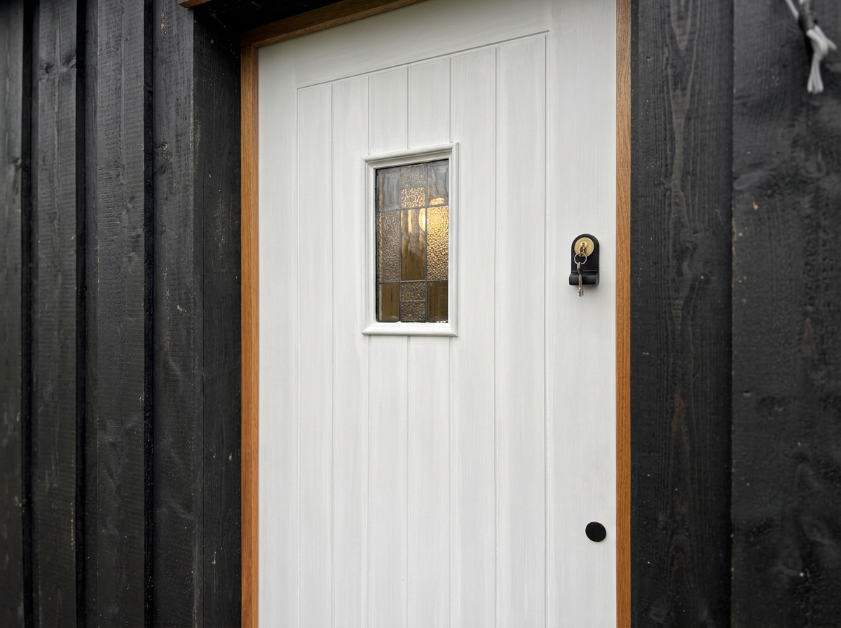 A white wooden door with a small stained glass window, surrounded by black wooden siding and a wooden trim.