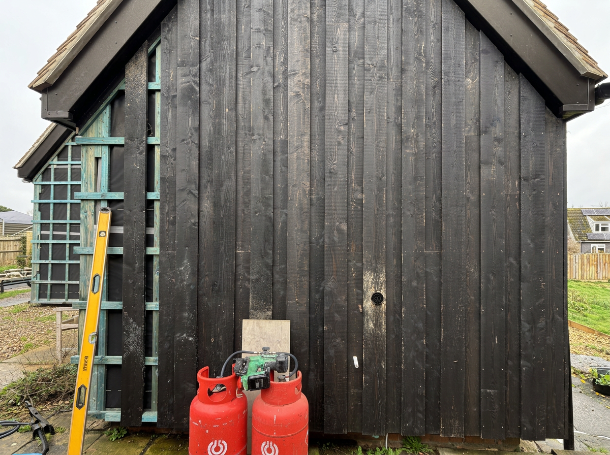 A black wooden shed under construction with exposed framing on the left side. Two red propane tanks are in front of the shed, and a yellow level tool leans against it. There is a small hole and some miscellaneous items on the shed's side.