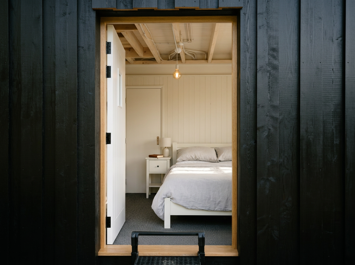View of a bedroom through a doorway, with a white bed, a nightstand with a lamp, and a ceiling light fixture.