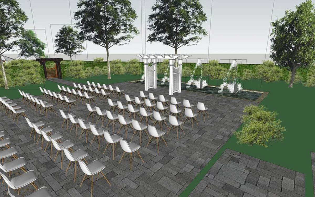 Illustration of an outdoor wedding or event space with rows of white chairs, a fountain, trees, and a white pergola or arch for the ceremony.