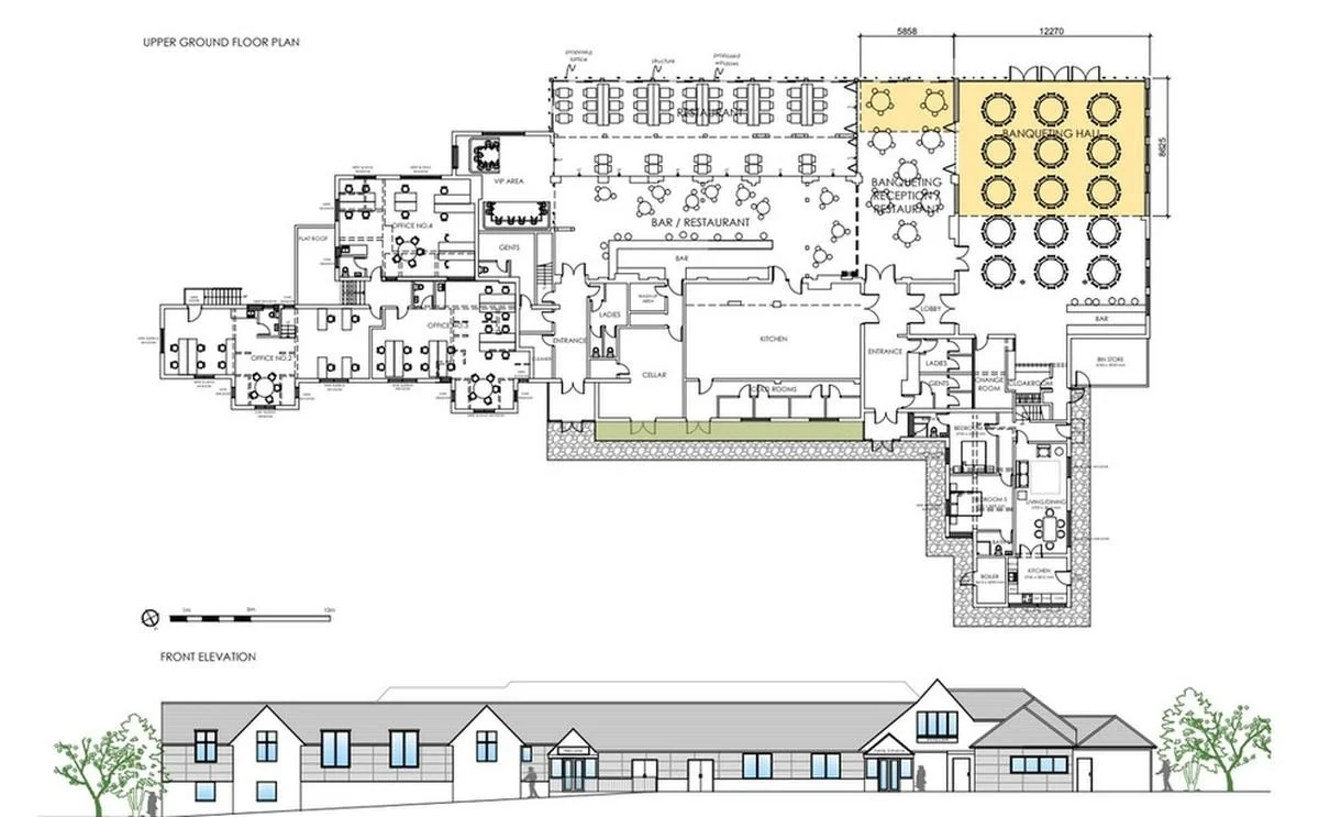 Architectural blueprint showing the upper ground floor plan and front elevation of a building, including rooms, entrances, a bar/restaurant, and outdoor seating areas highlighted in yellow.