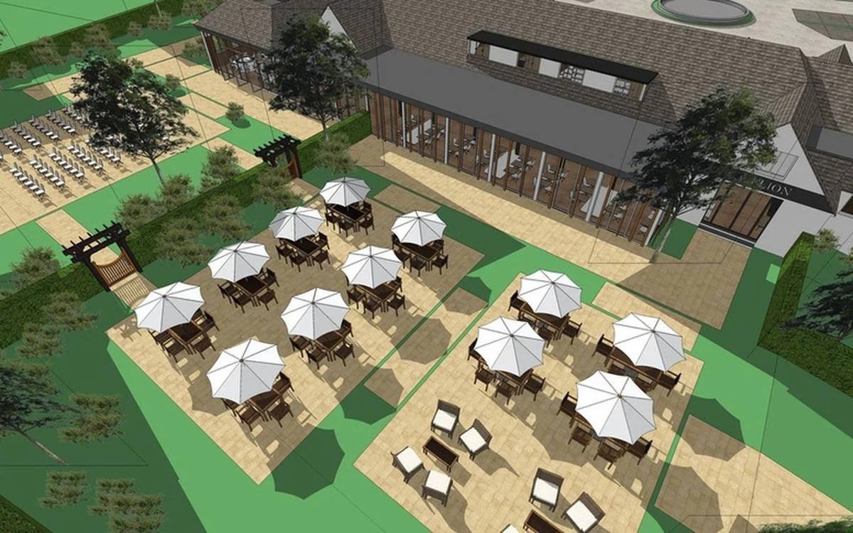 Artwork rendering of an outdoor dining area with tables, chairs, white umbrellas, and a large modern building in the background.