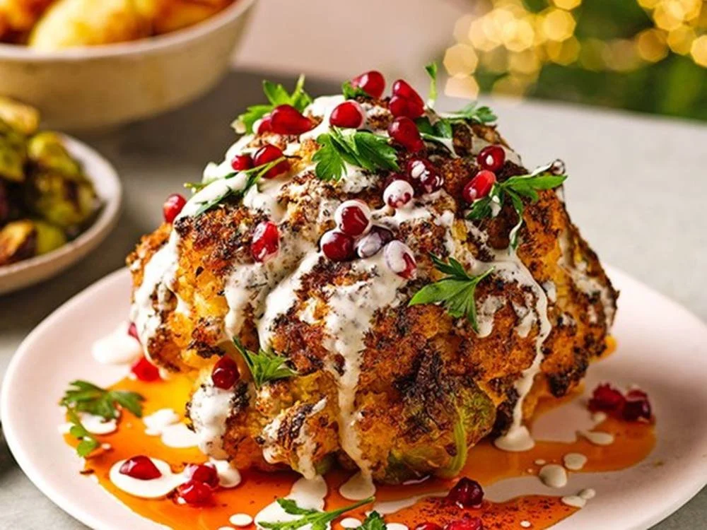 A roasted cauliflower head topped with white sauce, pomegranate seeds, green herbs, and drizzled with orange-colored sauce on a white plate.