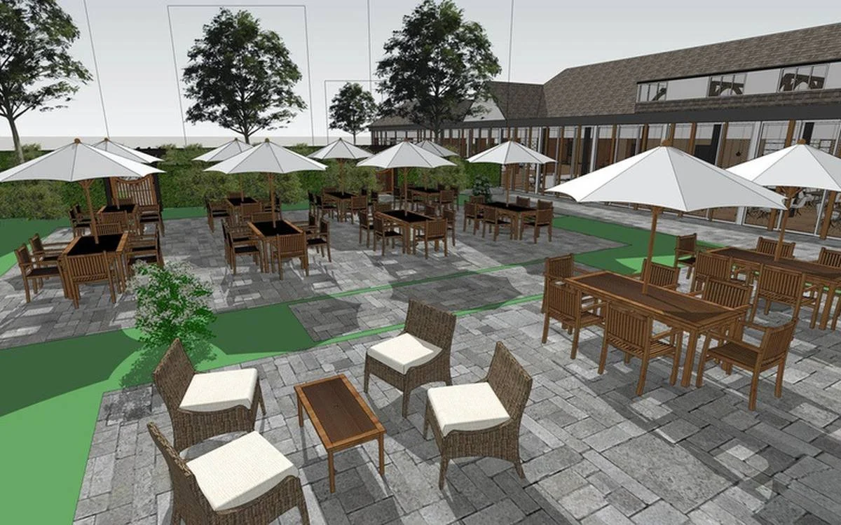 Rendering of an outdoor patio with wooden tables, chairs, and white umbrellas, surrounded by trees and a building in the background.