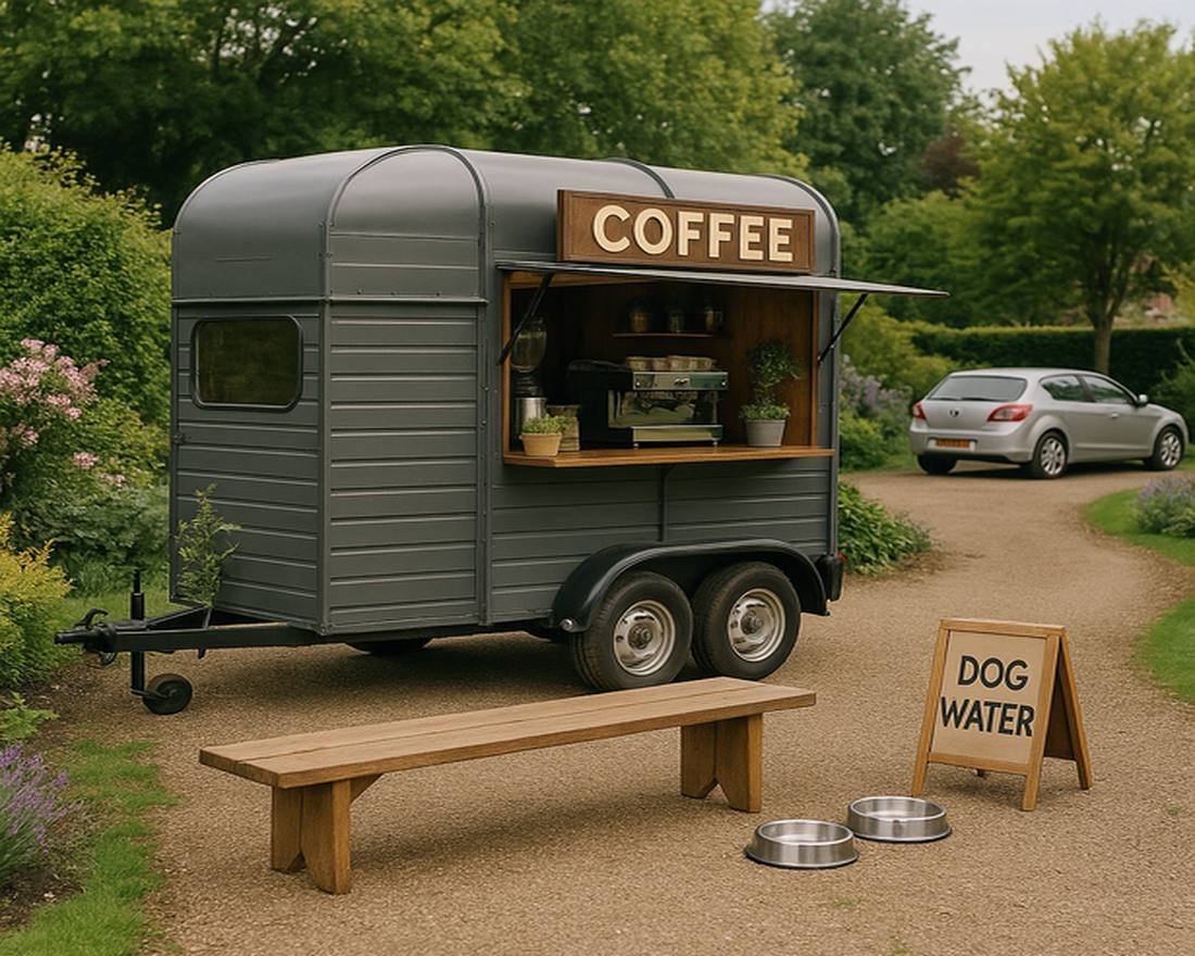 A mobile coffee stand in front of a trailer with a sign that says 'COFFEE'. There are two metal bowls, a wooden bench, and a sign indicating 'DOG WATER'. A car is parked on a gravel path surrounded by greenery.