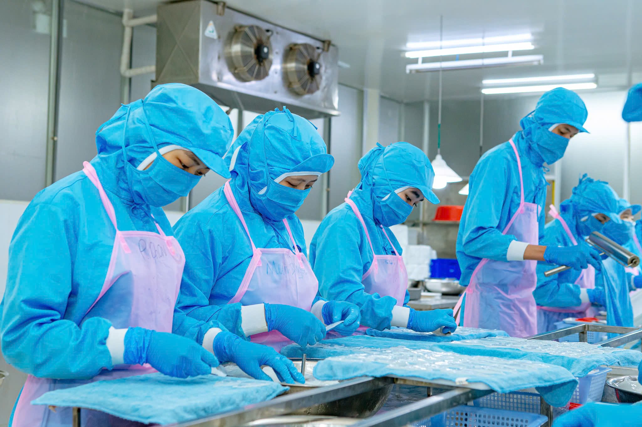 A group of workers in blue protective gear, including masks and aprons, working on assembling or inspecting items on a production line in a clean industrial setting.