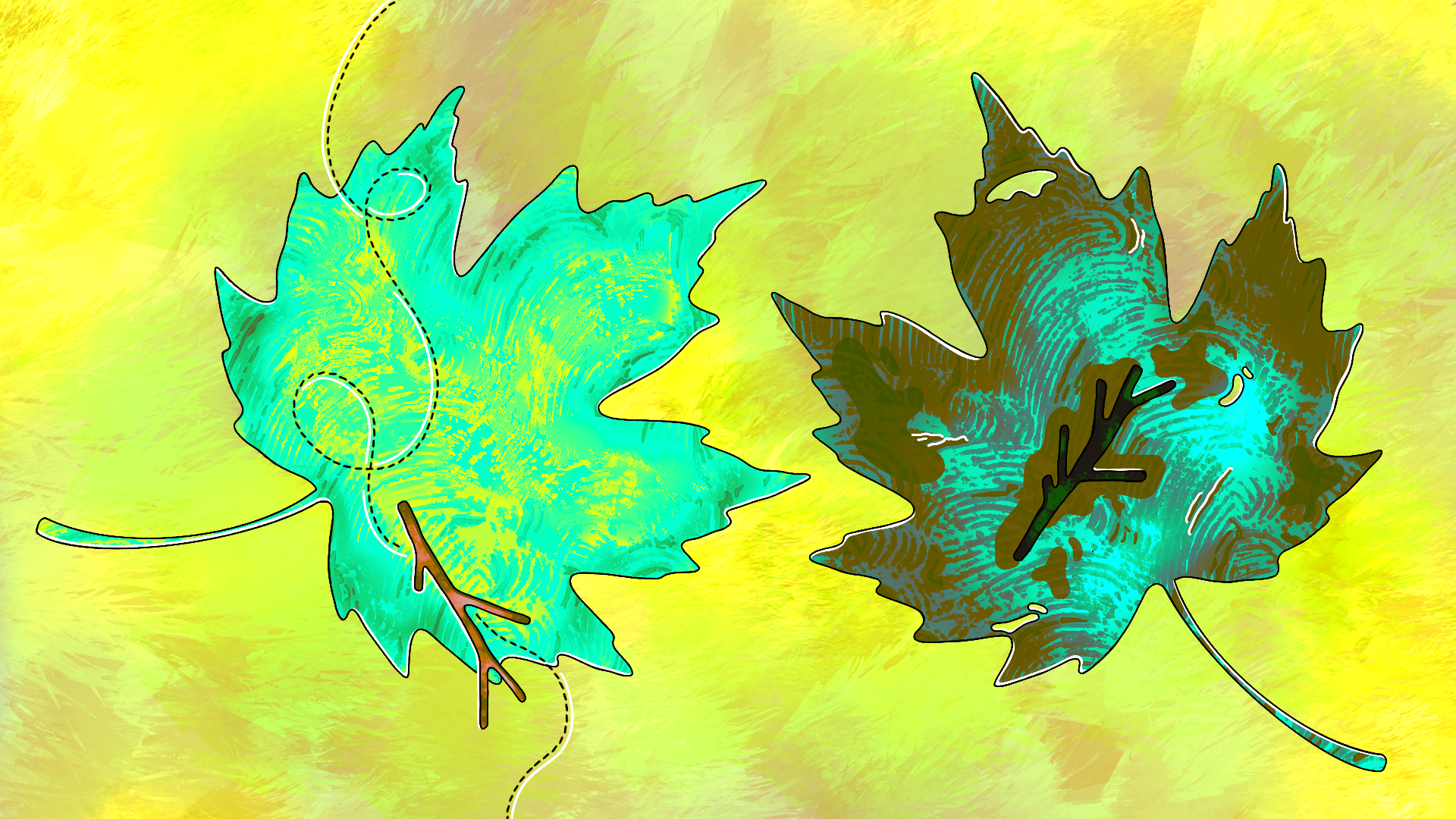 Digital illustration of two autumn leaves, one green and the other brown with hints of green, against a yellow and orange textured background.