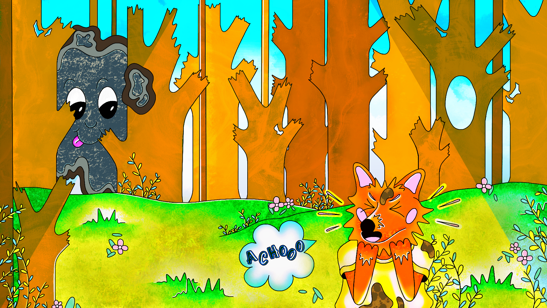 Cartoon scene of a fox sneezing with an 'Achoo' speech bubble in a forest with trees, green grass, small pink flowers, and small bushes. A cute black-spotted tree is peeking from behind a tree.