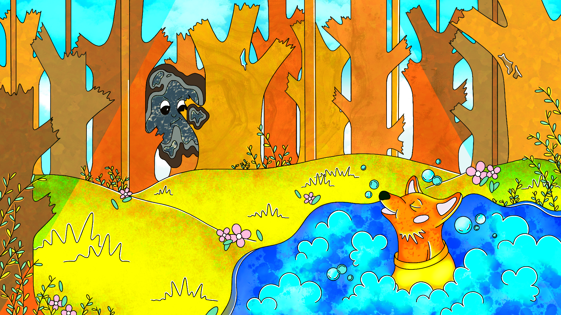 Colorful cartoon illustration of a fox wearing a yellow collar swimming in a stream, smiling with closed eyes, in a lush yellow and green landscape with tall trees, bushes, and pink flowers
