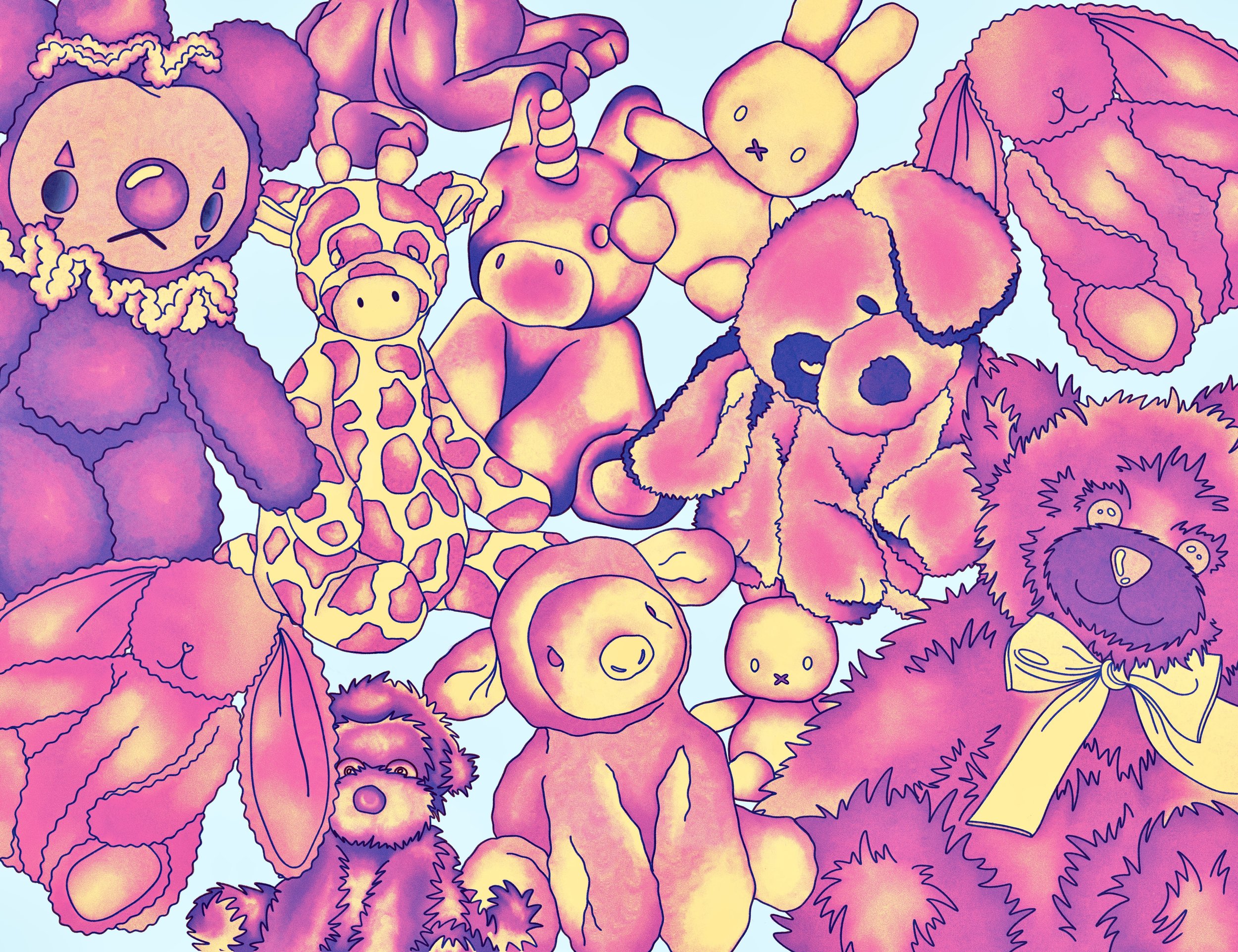 A colorful pattern of cartoon stuffed animals, including a bear, giraffe, unicorn, duck, bear with a bow, and other animals, with a light blue background and a bow in the lower right corner.