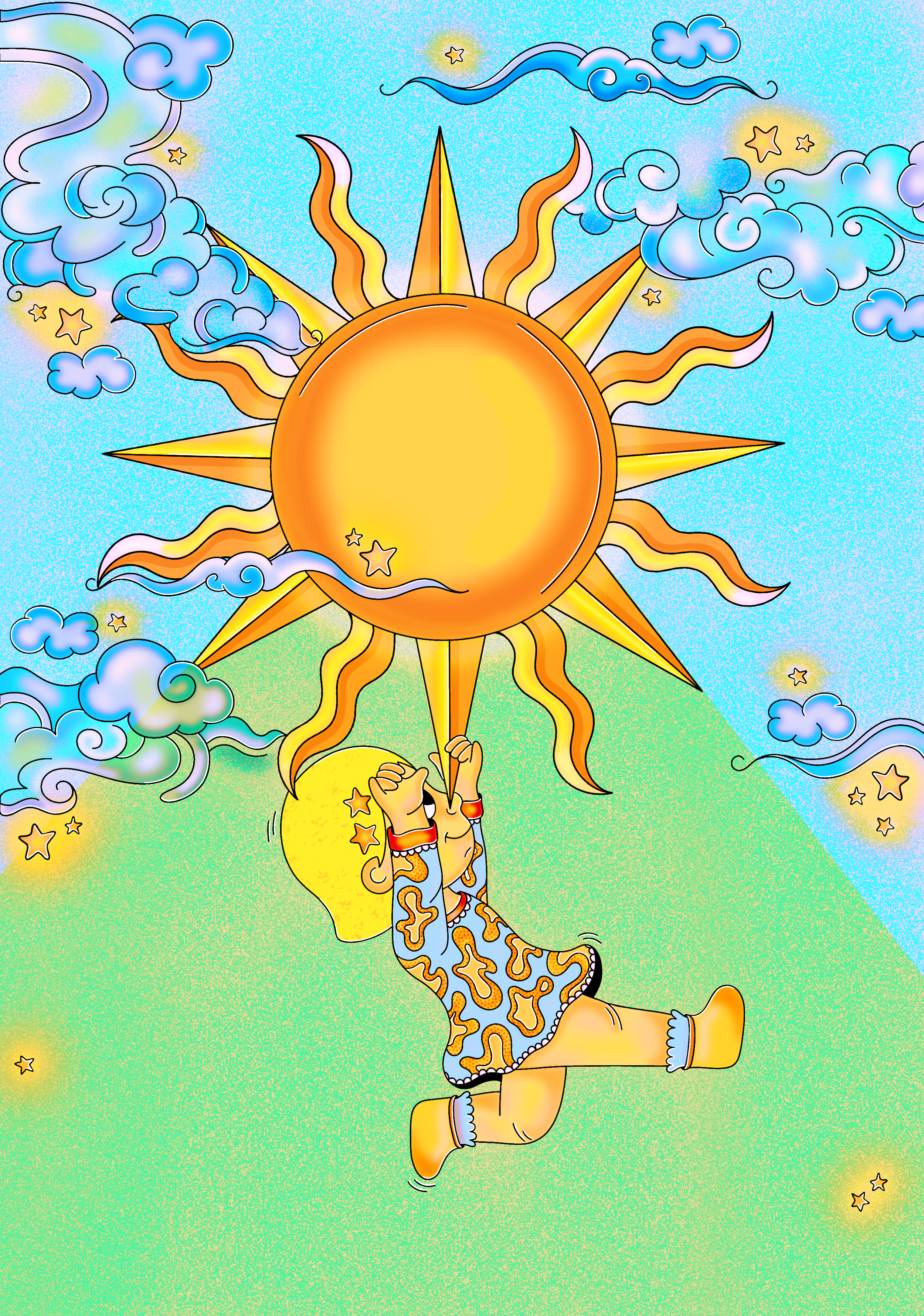 A cartoon baby with yellow hair and wearing blue and yellow pajamas, kneeling on the green ground, holding a large sun-shaped object with a face and rays of light, surrounded by clouds and tiny stars in the sky.