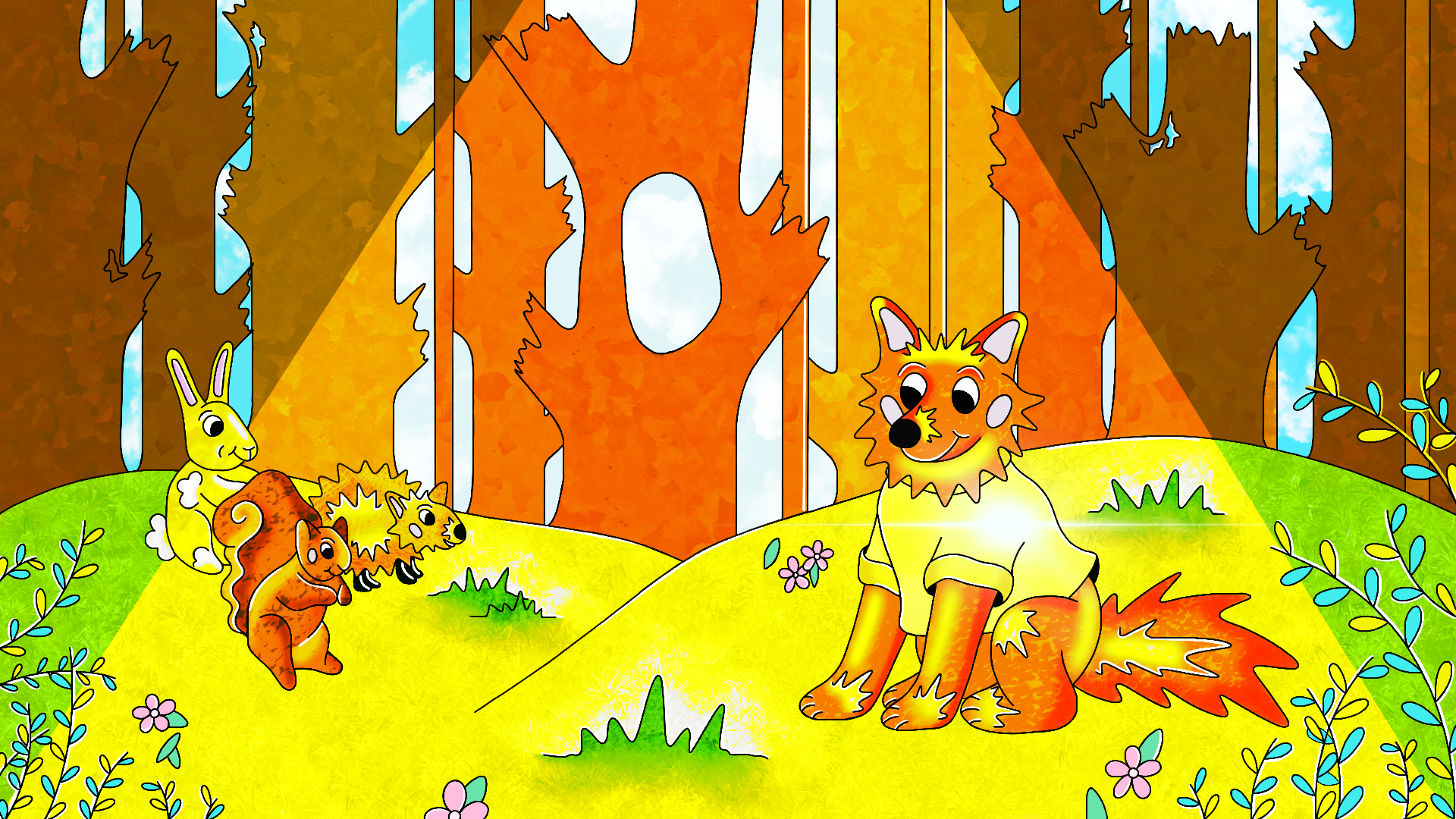 Cartoon illustration of a woodland scene with a fox, rabbit, squirrel, and a lion-like creature sitting on a grassy area near trees with blue sky visible through the branches.