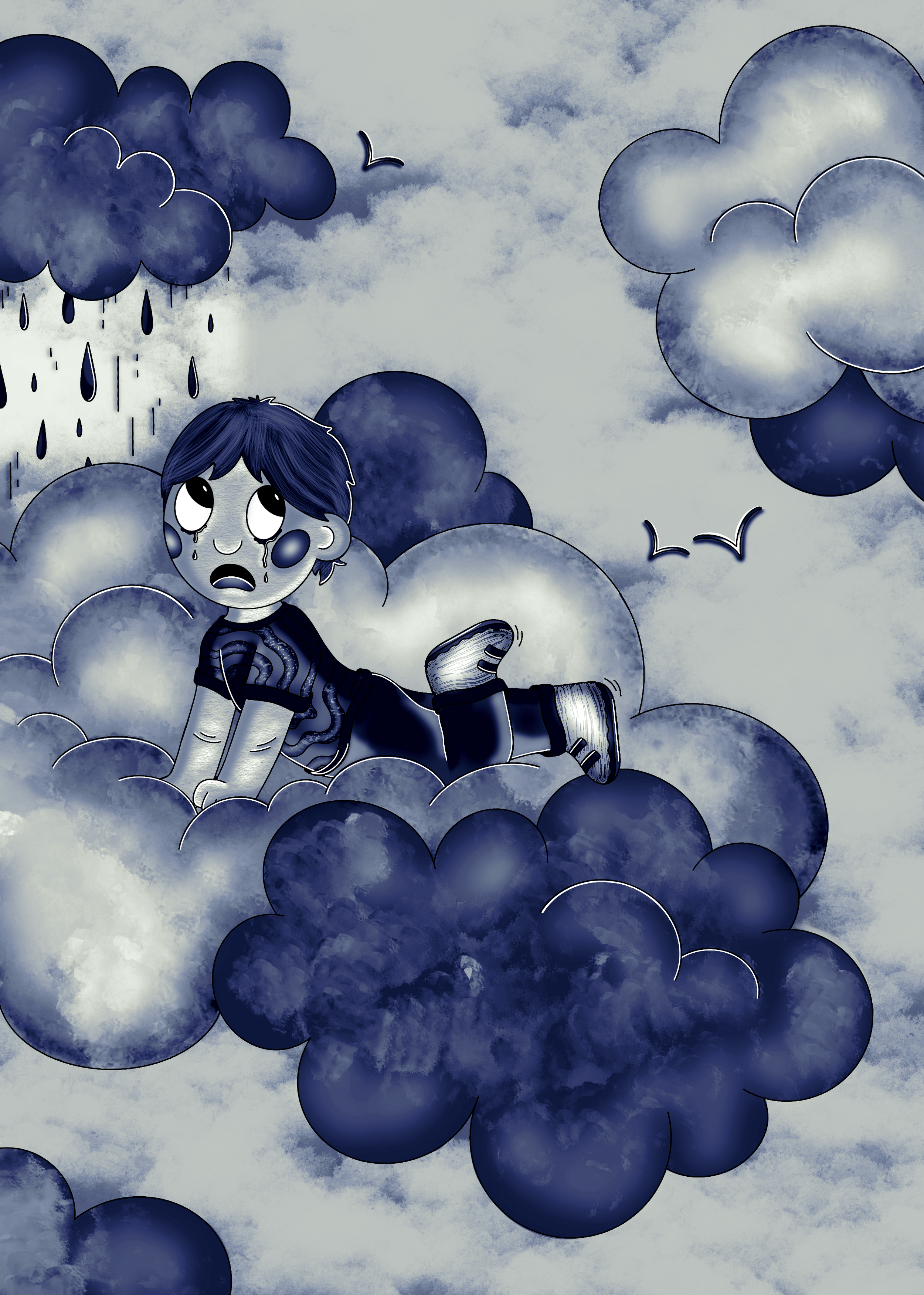 A young boy with blue hair and large eyes, looking worried or sad, sitting among dark blue and gray clouds with raindrops and seagulls in the background, creating a gloomy weather scene.