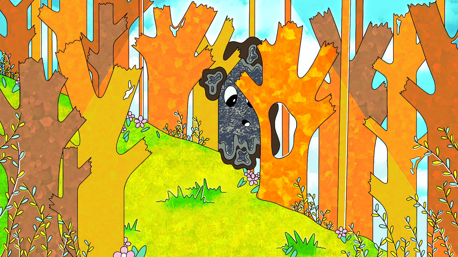 A colorful cartoon scene of a forest with trees displaying autumn orange leaves, a grassy hill, pink flowers, and a black and white dog with large eyes standing among the trees.