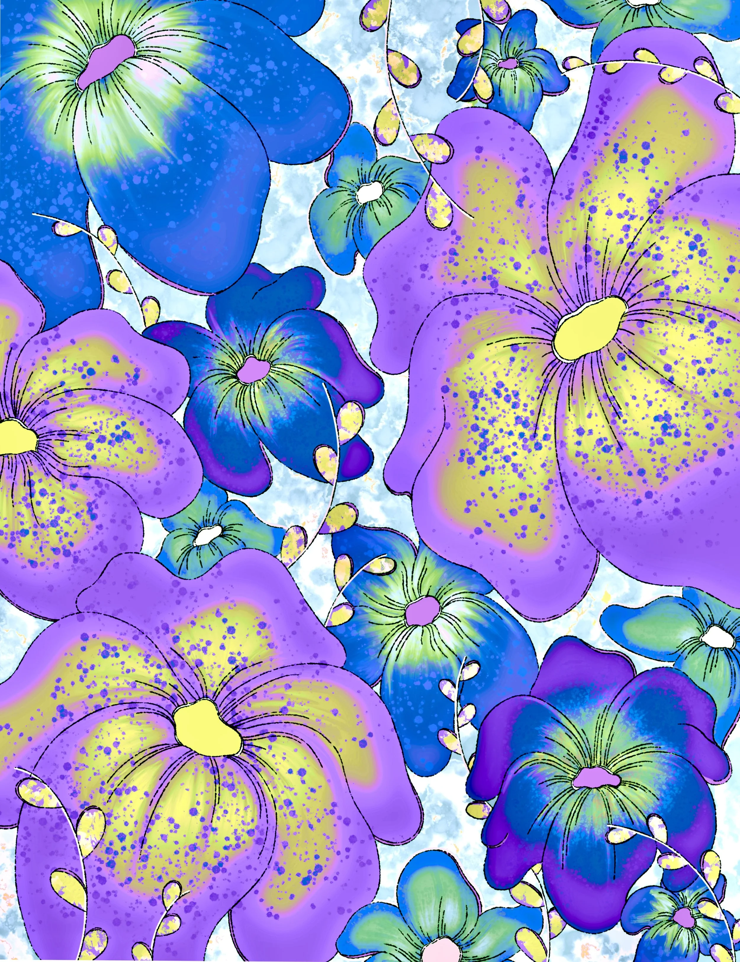 Abstract digital art featuring large purple and blue flowers with yellow and green centers, set against a cloudy sky background with splashes of blue, purple, and yellow.