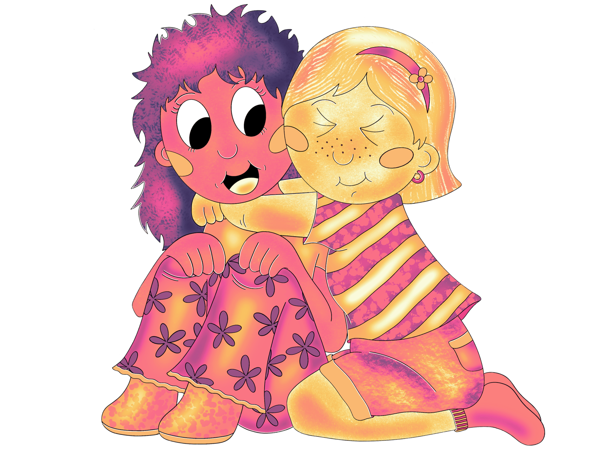 Two cartoon girls hugging and smiling, one with purple, pink, and blue hair and the other with blonde hair and a pink headband, wearing a striped shirt and skirt.