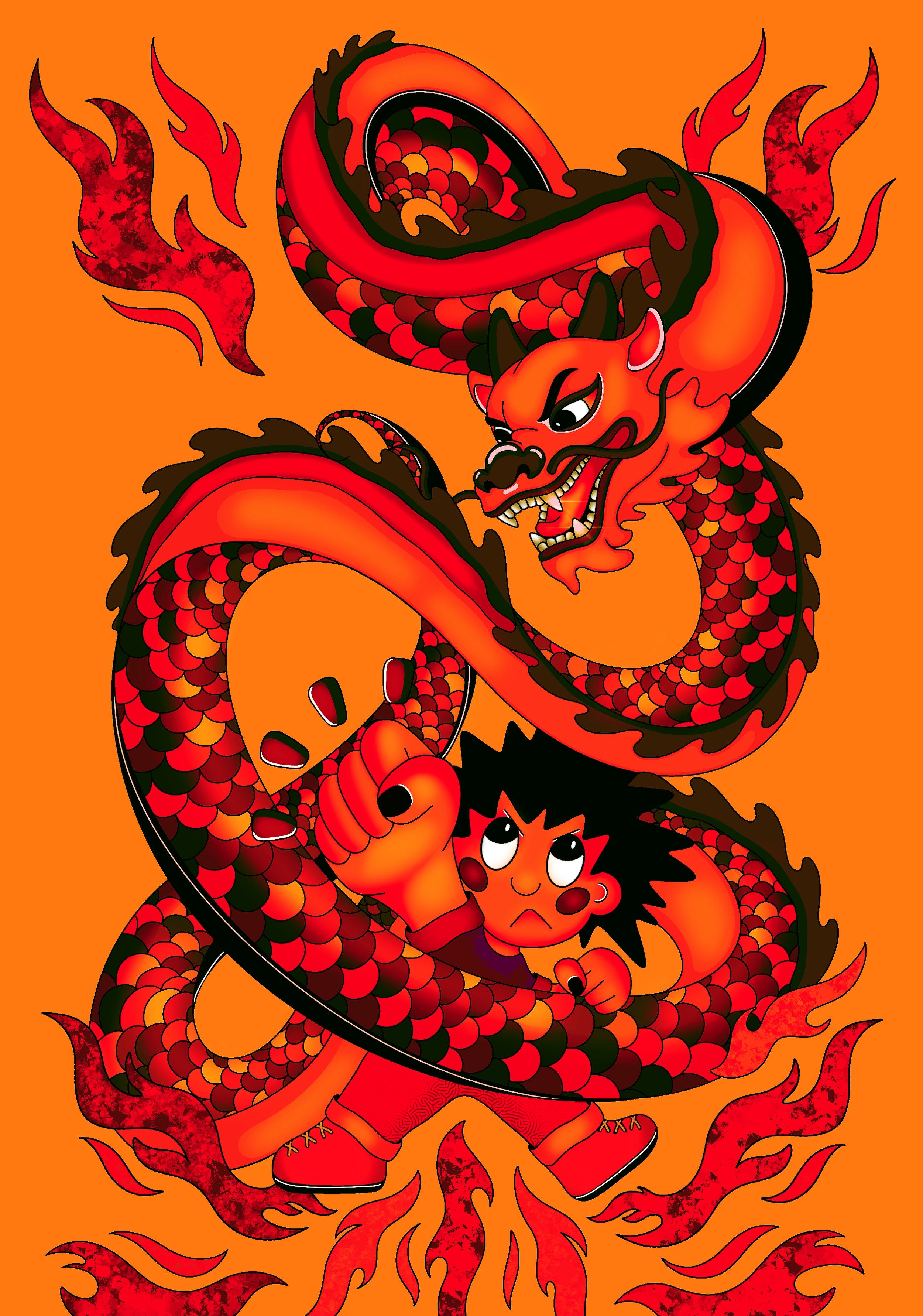 A colorful illustration of a dragon with red, orange, and black scales, an angry expression, and flames surrounding it, against an orange background. A cartoon boy with black hair and an angry face is gripping the dragon.