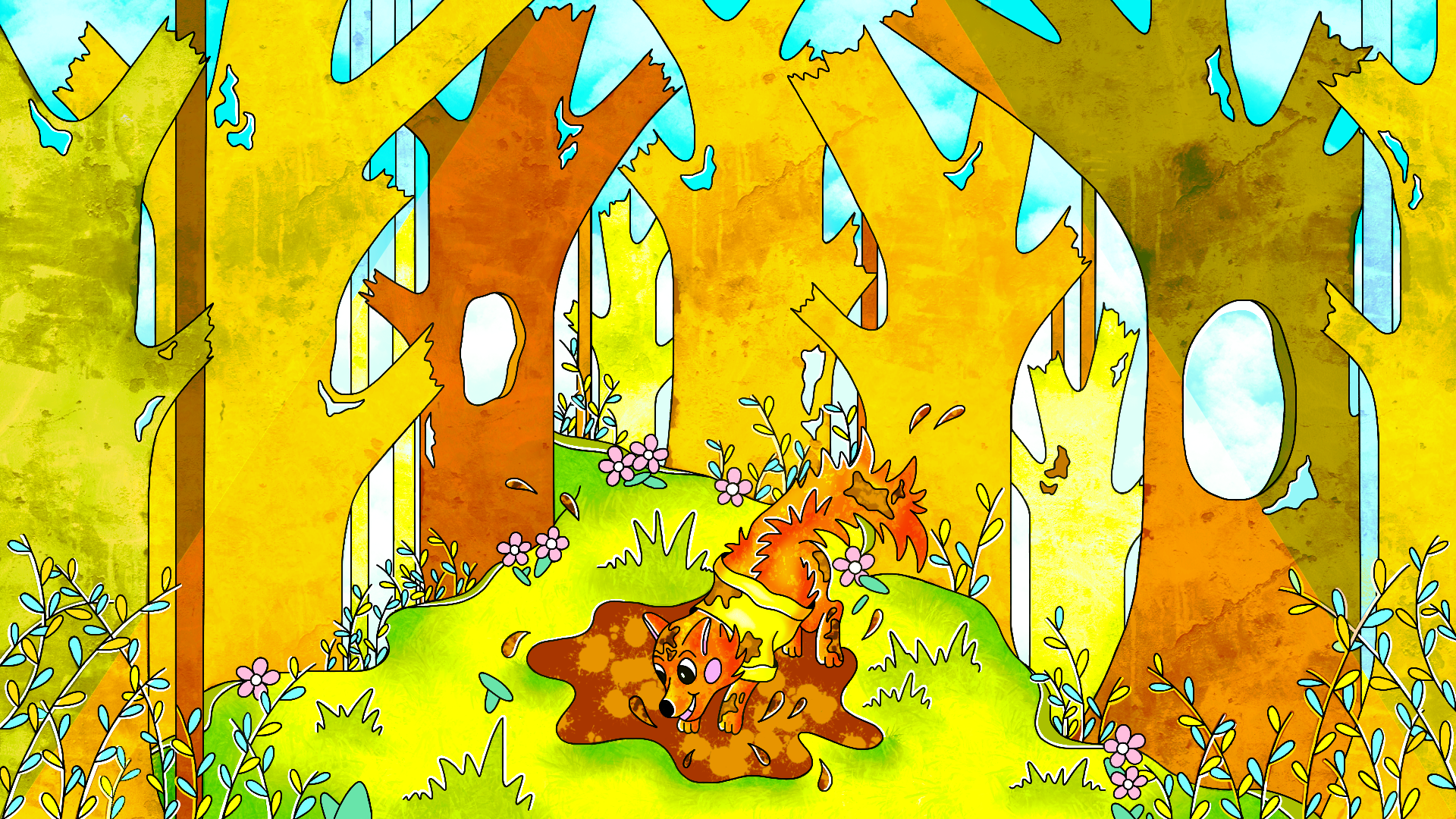 A colorful cartoon forest scene with trees, flowers, and a small lion cub playing in a mud puddle.