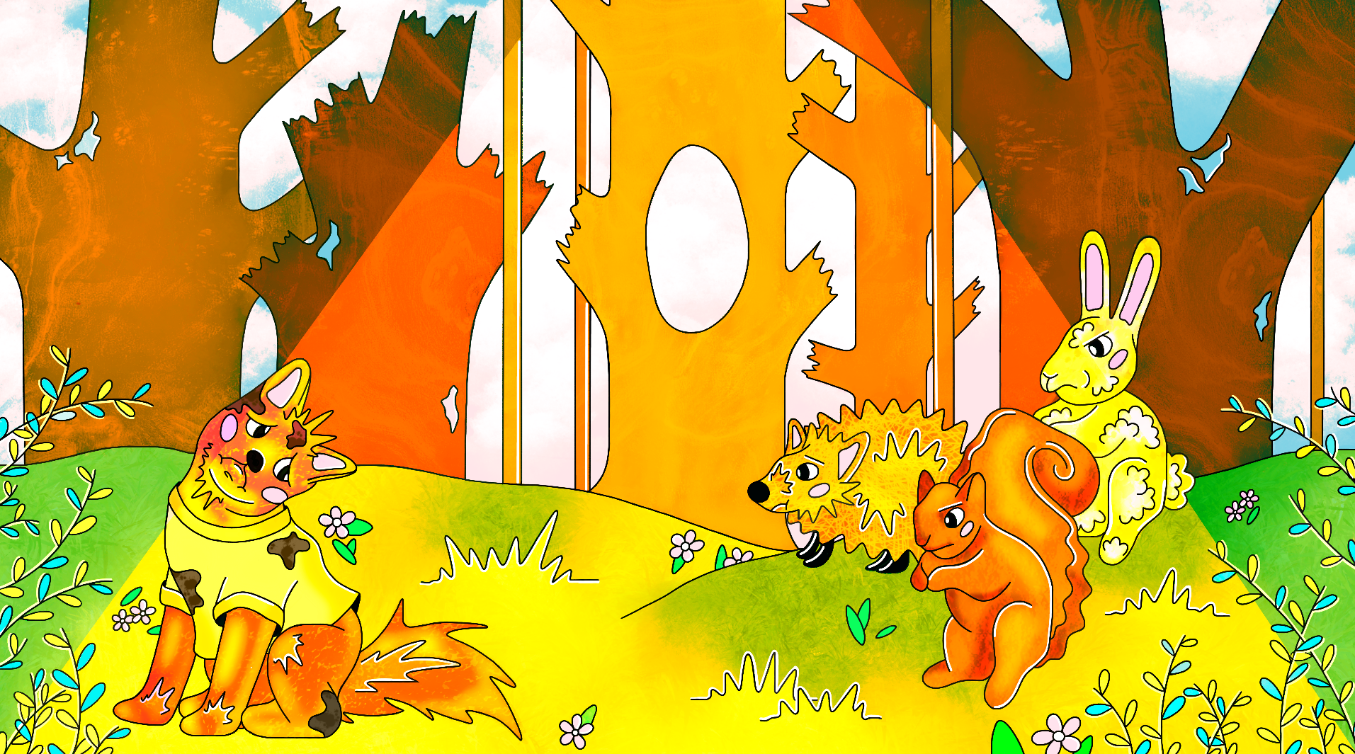 Colorful cartoon scene of a forest with trees, grass, flowers, and four cute animals: a tiger with spots sitting with a sad face, a small wolf or dog looking at the tiger, a squirrel, and a rabbit sitting on a tree trunk. The background features tall trees and a blue sky with some clouds.