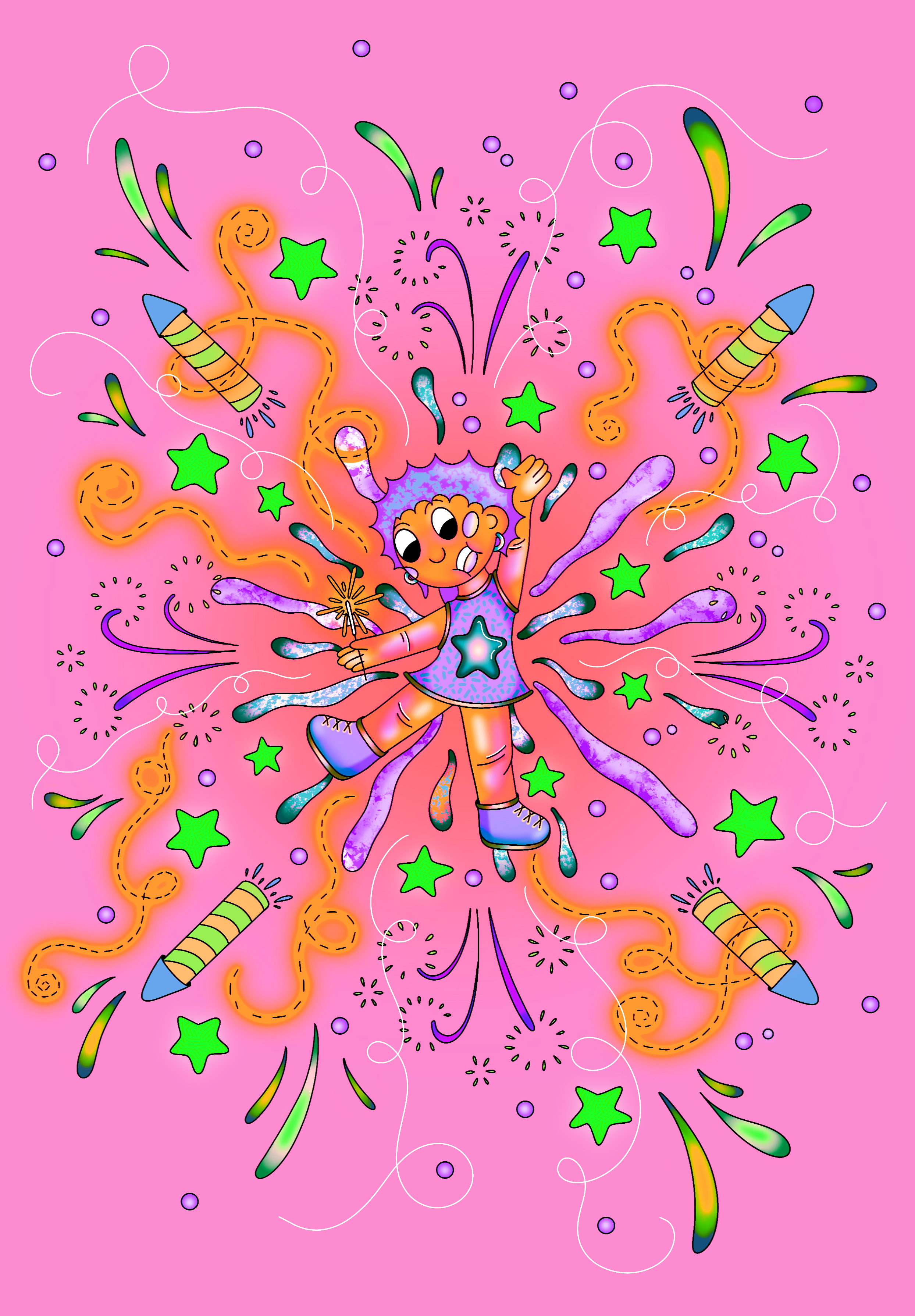 A colorful cartoon illustration of a child roller skating with a big smile, surrounded by fireworks, green stars, and party favors on a pink background.