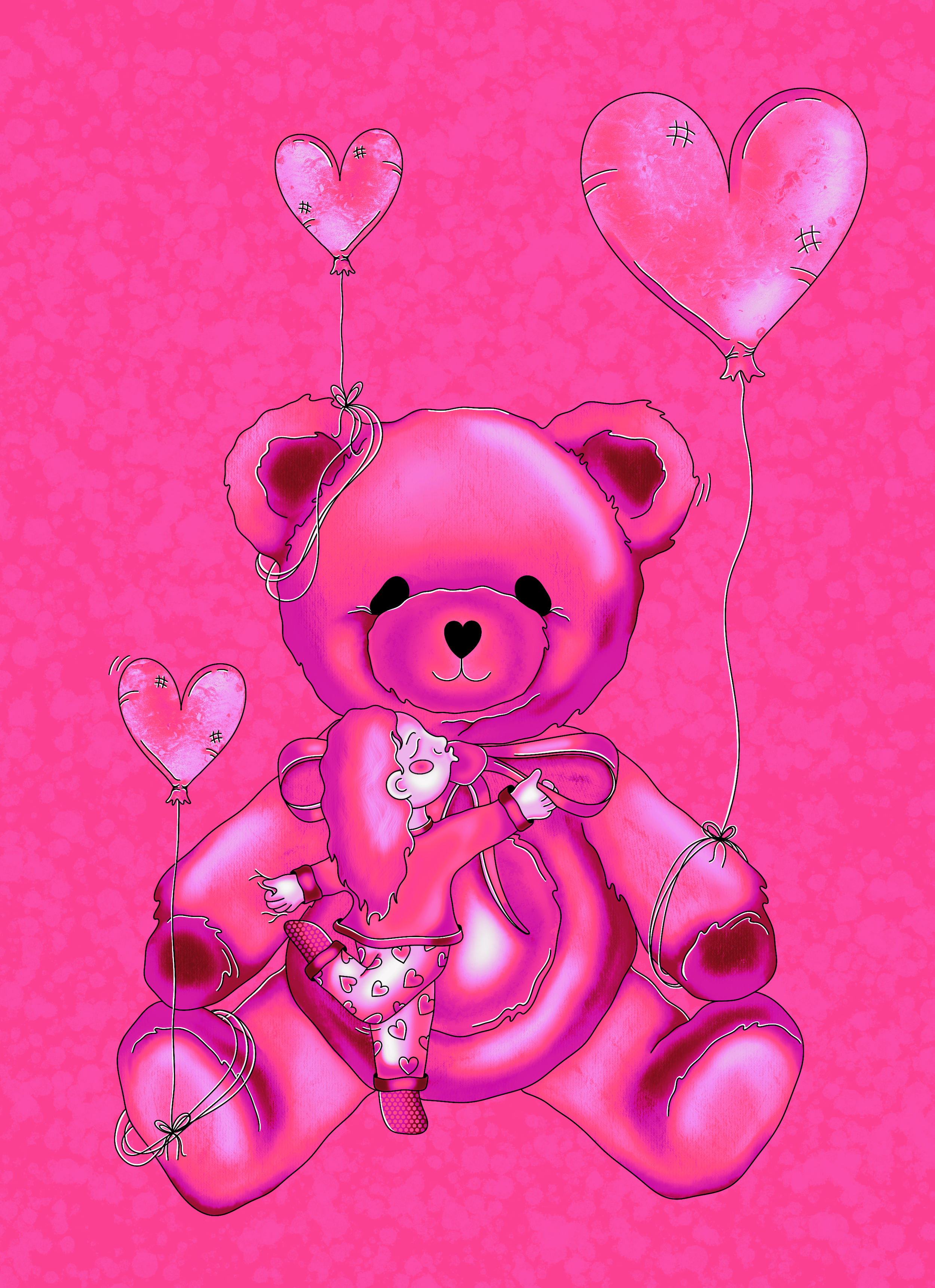 A pink animated teddy bear cartoon with a large head, big black nose, and a small black heart-shaped nose, holding a little girl in colorful pajamas with heart patterns, with pink background and floating pink hearts, balloons, and a small dog next to