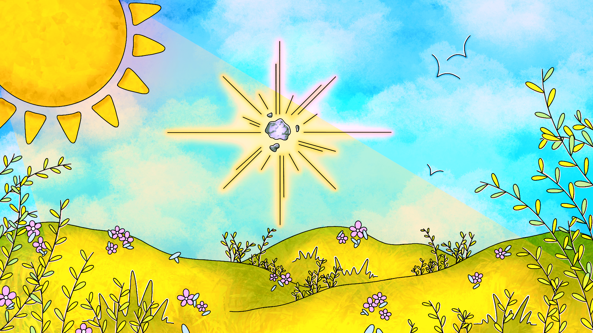 A colorful, cartoon-style landscape with a yellow rolling hill filled with small purple flowers and green plants, a bright blue sky with a large yellow sun in the top left corner, a shining star-shaped object in the sky emitting bright yellow and pink rays, and a few birds flying in the distance.