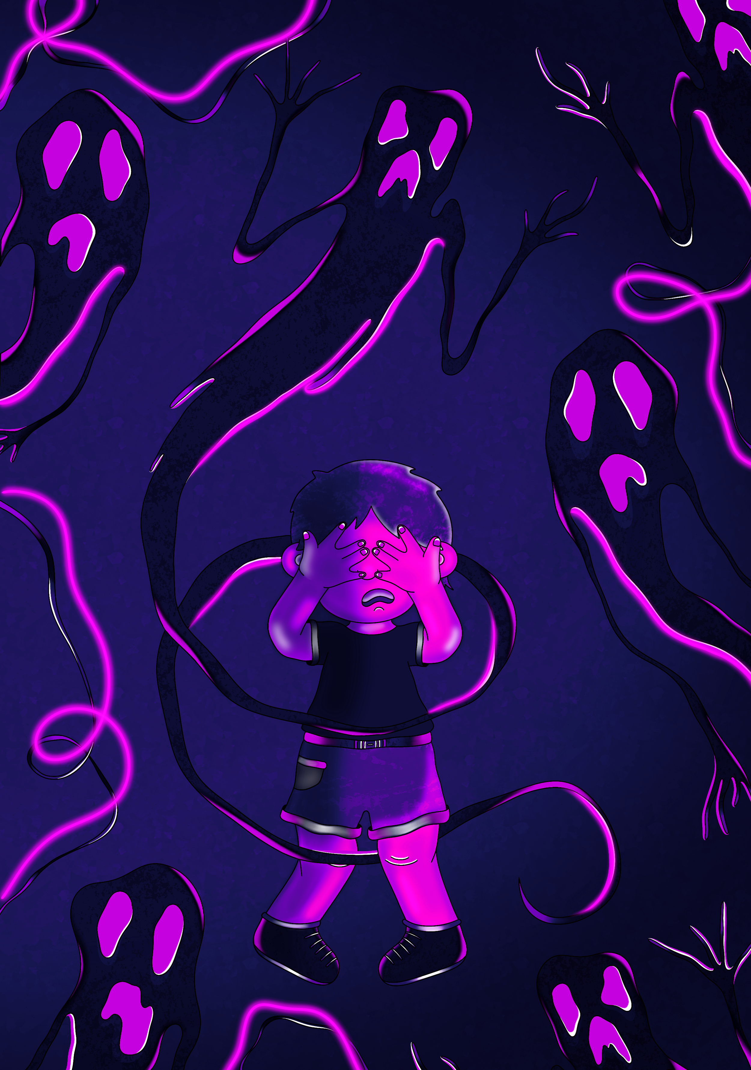 A cartoon-style illustration of a young person with short hair, covering their face with their hands, surrounded by black tentacle-like shapes and glowing purple outlines on a dark background, creating a surreal and intense atmosphere.