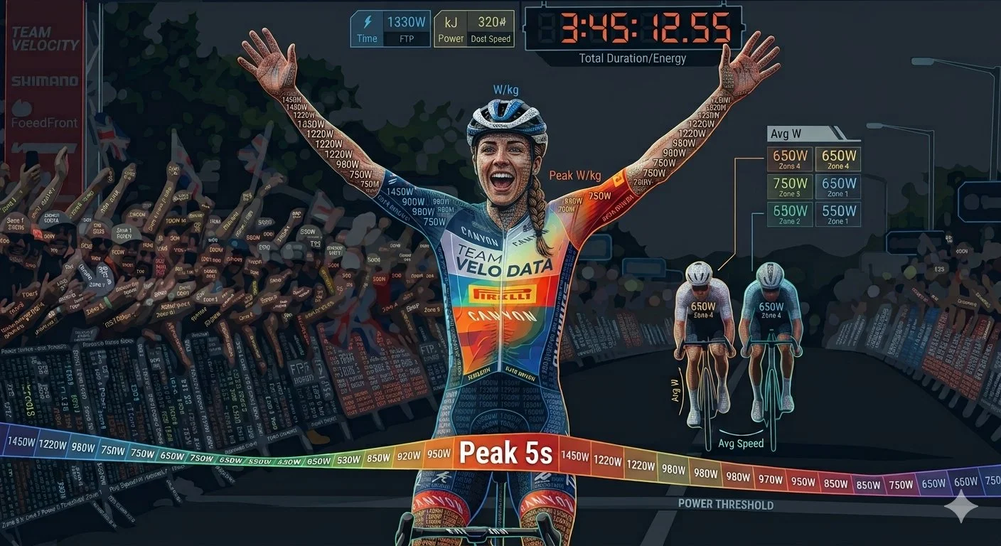 Colorful infographic depicting a cyclist celebrating with arms raised, surrounded by data charts, power zones, and two other cyclists. Contains a digital timer, power output levels, and zone classifications for cycling performance.