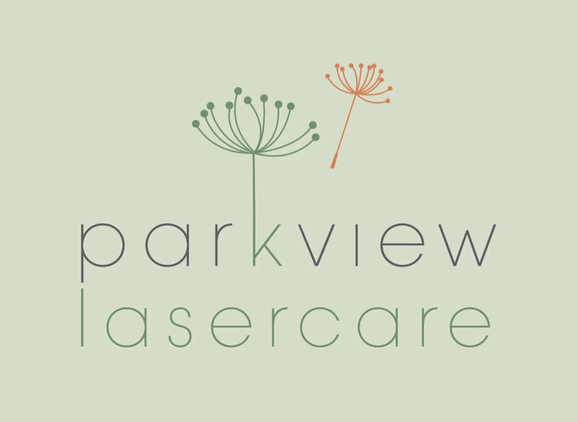 The Parkview Lasercare logo which is a minimalist logo with two stylized dandelion flowers, one green and one orange, above the words "parkview lasercare" in a modern font on a light green background.