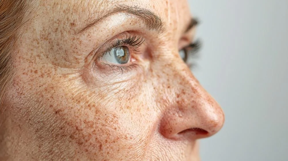 side-on facial shot of client showing skin damage with sun spots and freckles.