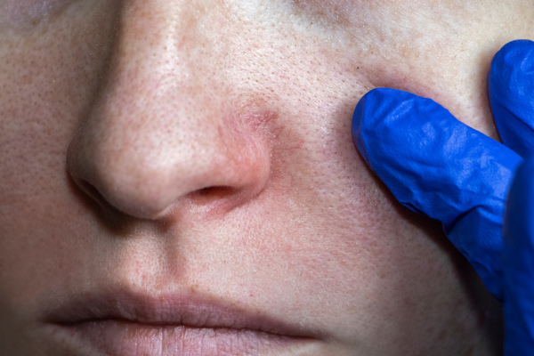 client with facial thread veins being indicated by clinician