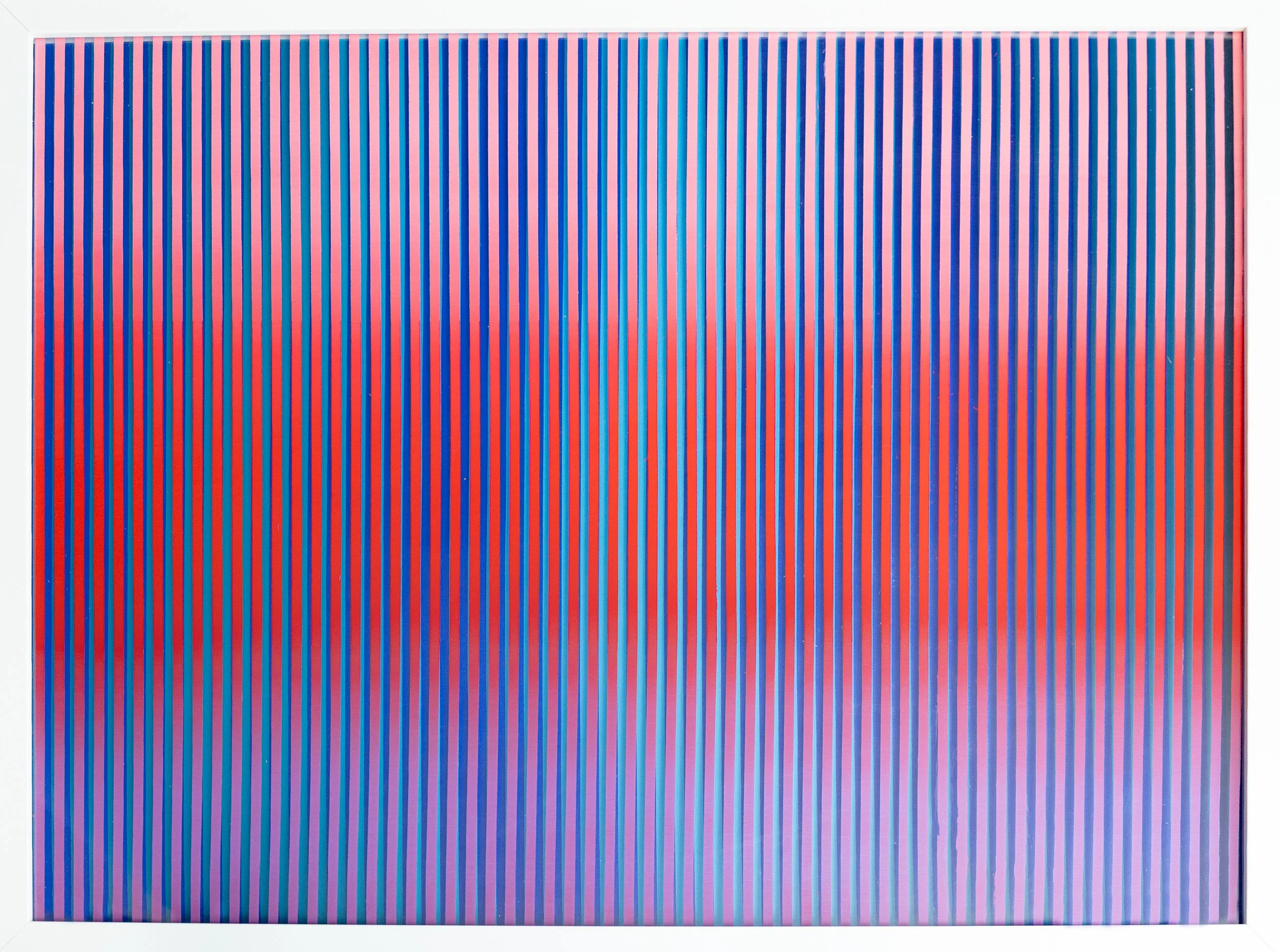 A rectangular artwork with vertical red and blue stripes on a pink background.