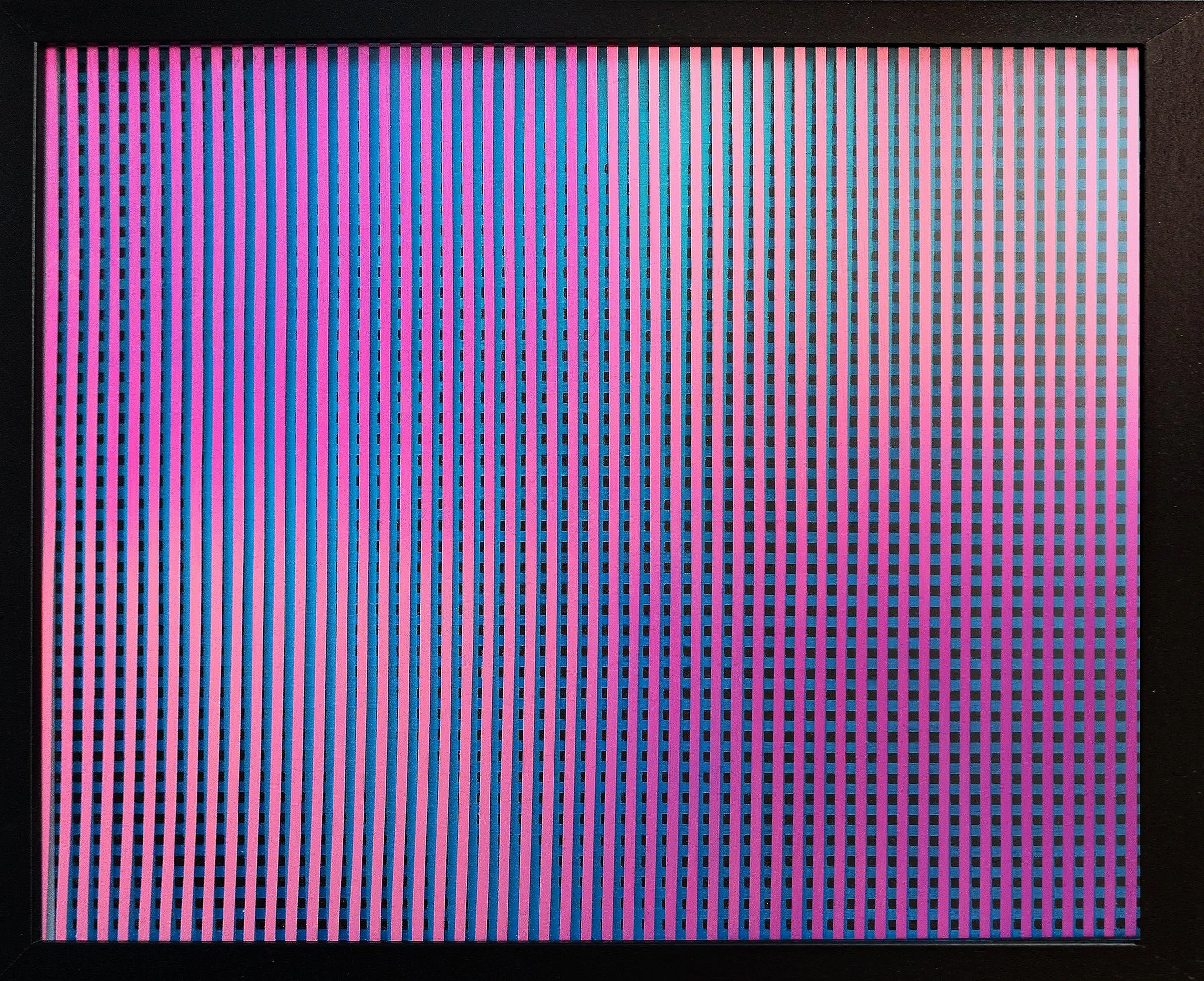 Close-up of an electronic display screen with colorful vertical lines in pink, blue, purple, and gray, framed in black.