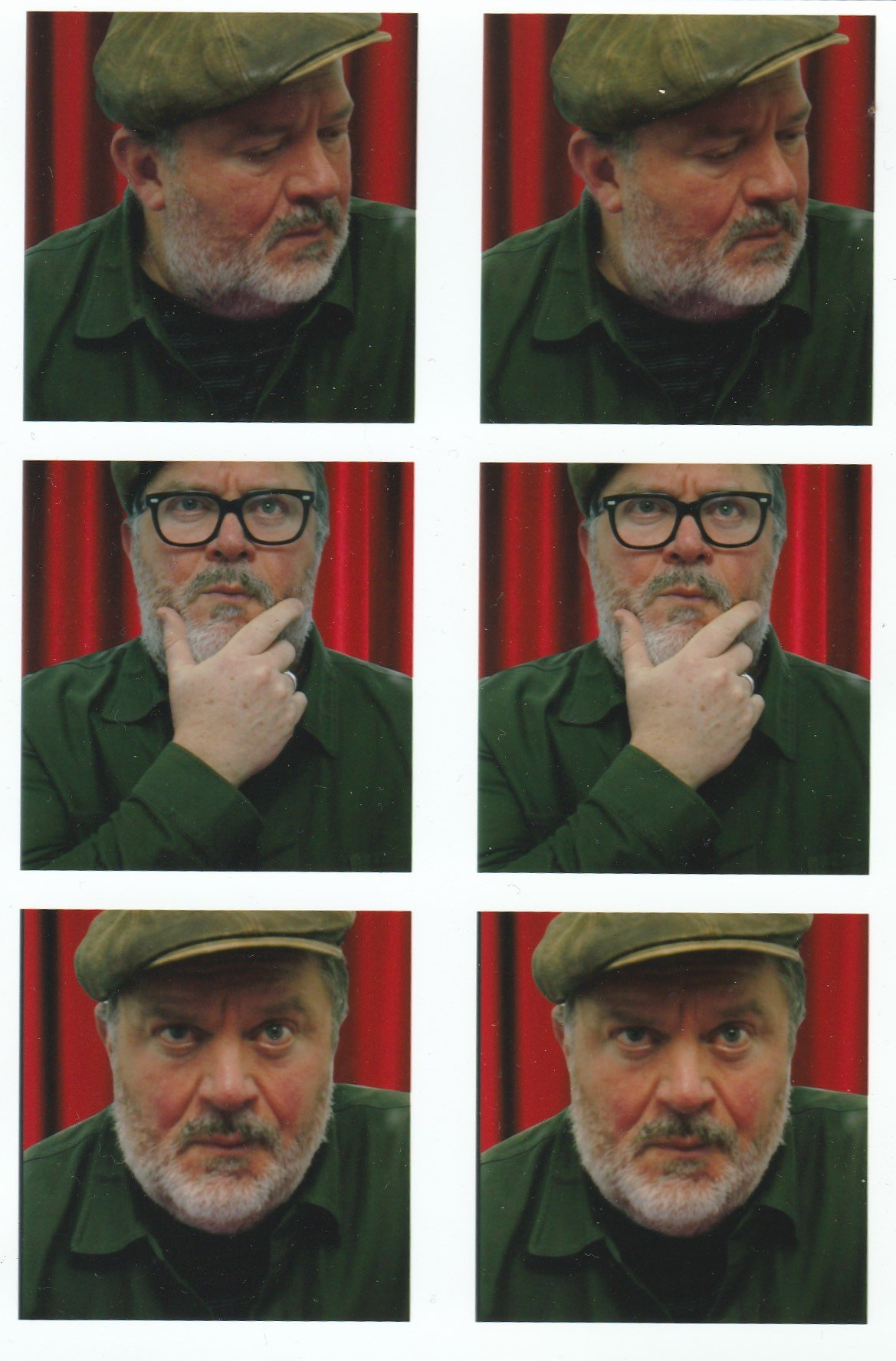 Six-panel portrait contact sheet of a bearded man in a flat cap and dark jacket against a red curtain, showing different facial expressions and poses.