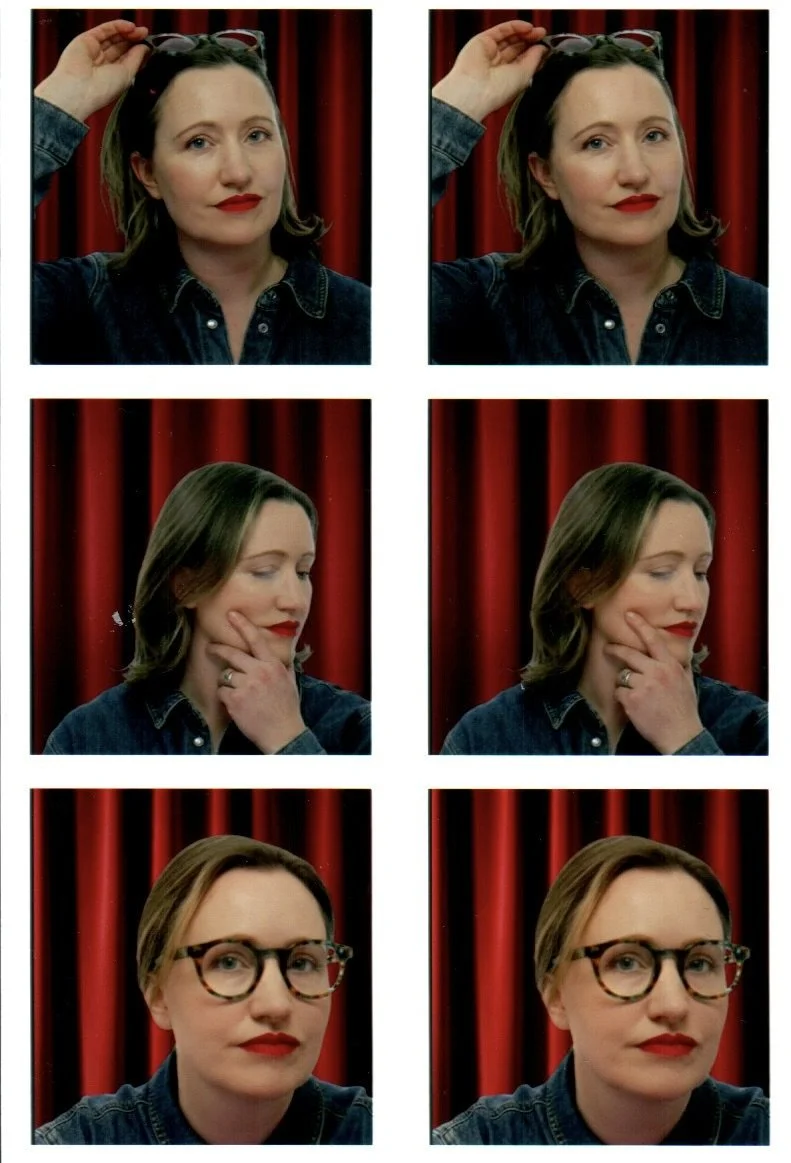 Six-panel portrait collage of a woman with red lipstick demonstrating three eyewear looks against red curtains.