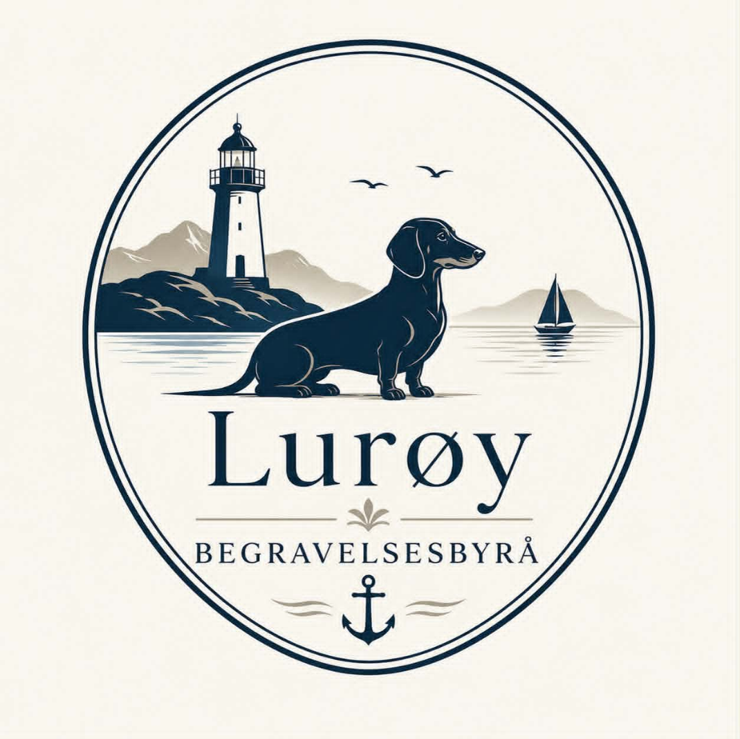 En logo med en hund, en fyrtårn, fjell, hav, seilbåt og fugler med teksten "Lurøy Begravelsesbyrå".