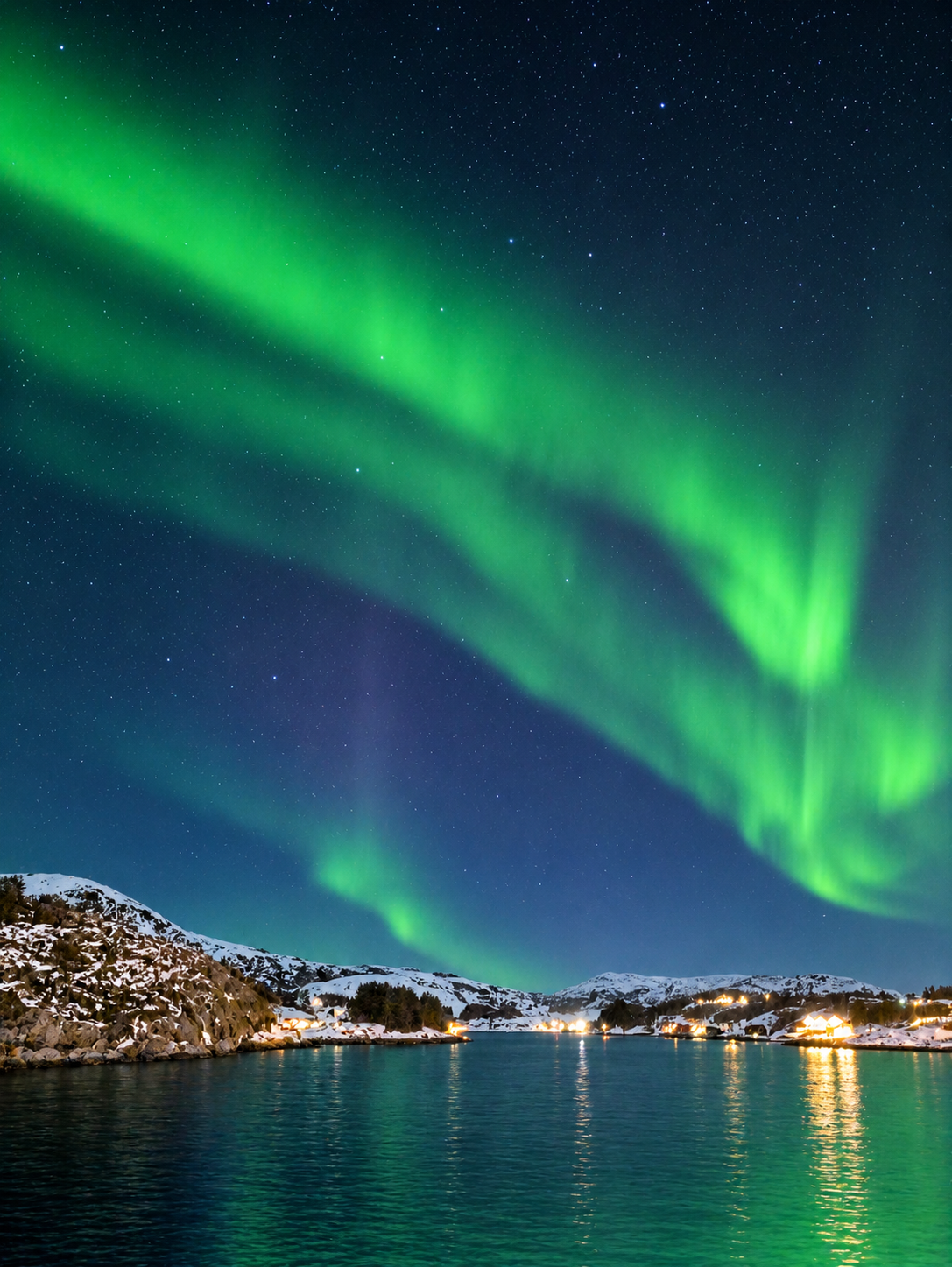 Nordlys over snødekte fjell og en innsjø med refleksjoner av nordlyset i Norge.