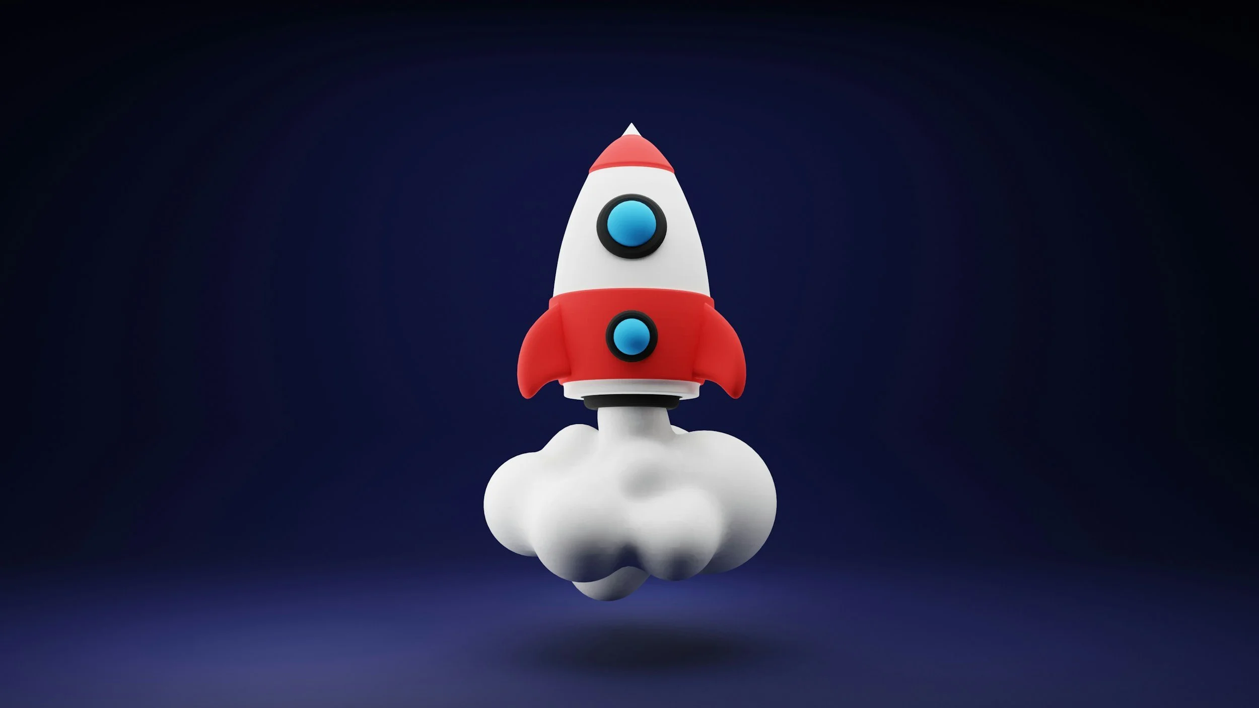 A cartoon rocket ship with red and white colors launching into the dark blue sky, surrounded by white smoke.