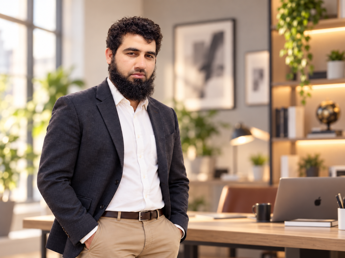 A man with a beard in business attire standing in an office space with books, plants, and computer equipment.