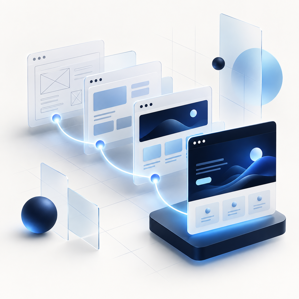 Digital design illustration of multiple floating web pages and app interfaces connected by a glowing line in a futuristic style, with geometric shapes including spheres and rectangles.