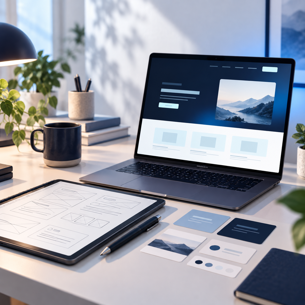 A modern workspace with a laptop displaying a landscape and design interface, a graphic tablet with sketches, a black mug, a pen, and various design samples on a white desk surrounded by green plants.