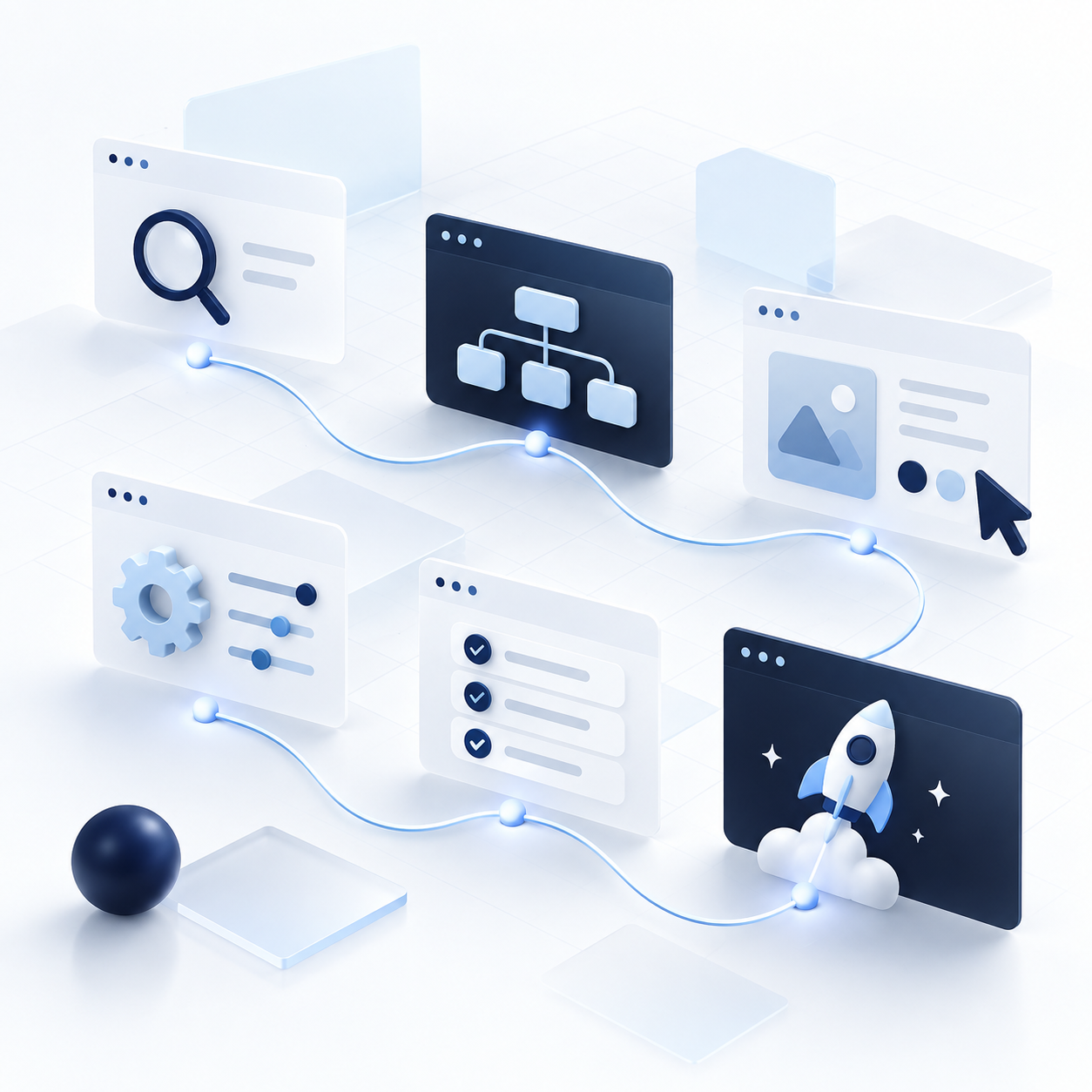 Futuristic digital illustration of interconnected web browser windows with icons representing search, hierarchy, images, settings, checklists, and a rocket taking off.