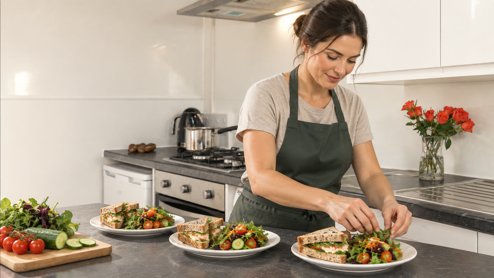 A woman wearing a gray t-shirt and green apron is preparing sandwiches with fresh vegetables and salad on white plates in a modern kitchen with white cabinets and a black countertop. There is a vase with orange roses on the counter, and a cutting board with tomatoes and cucumber in the foreground.