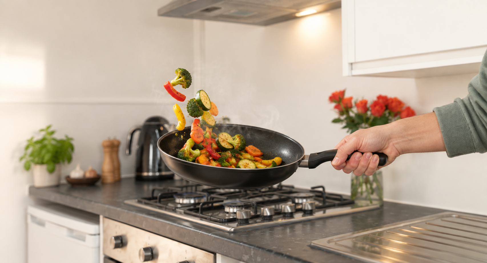 Person flipping a pan of mixed vegetables, including broccoli, zucchini, red bell peppers, and carrots, on a stove in a kitchen.