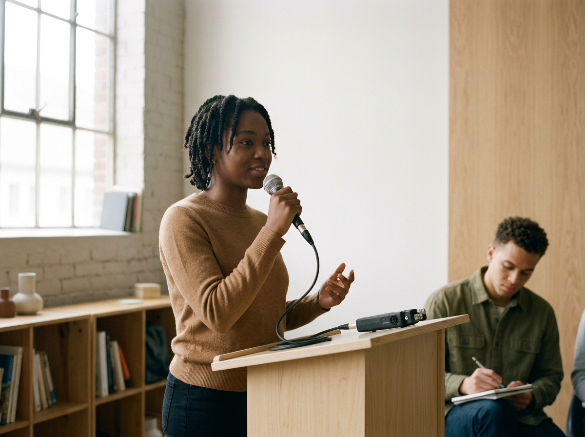 A young woman with short curly hair speaking into a microphone at a wooden podium during a presentation in a bright room. Another person is seated nearby, taking notes.
