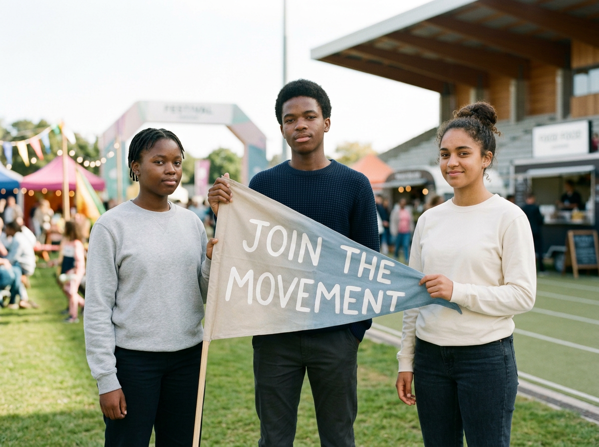 Three young people holding a flag that reads 'Join the Movement' at an outdoor event with tents and people in the background.