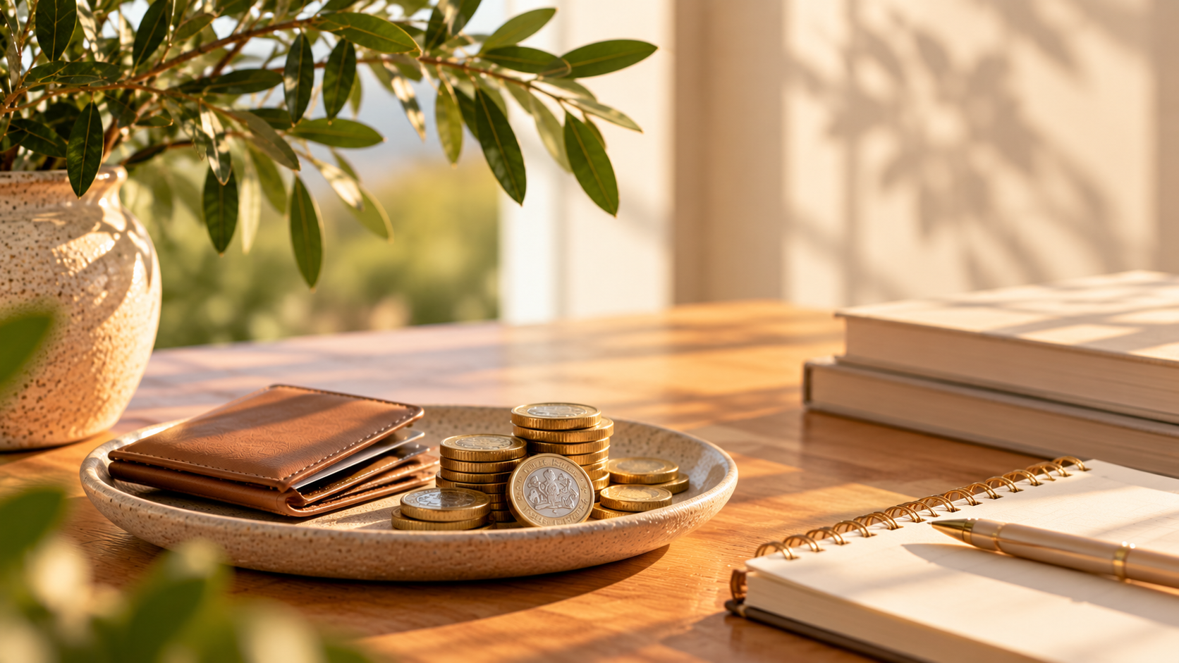 Wallet and stacked coins on a ceramic tray beside a notebook and pen on a sunlit wooden desk