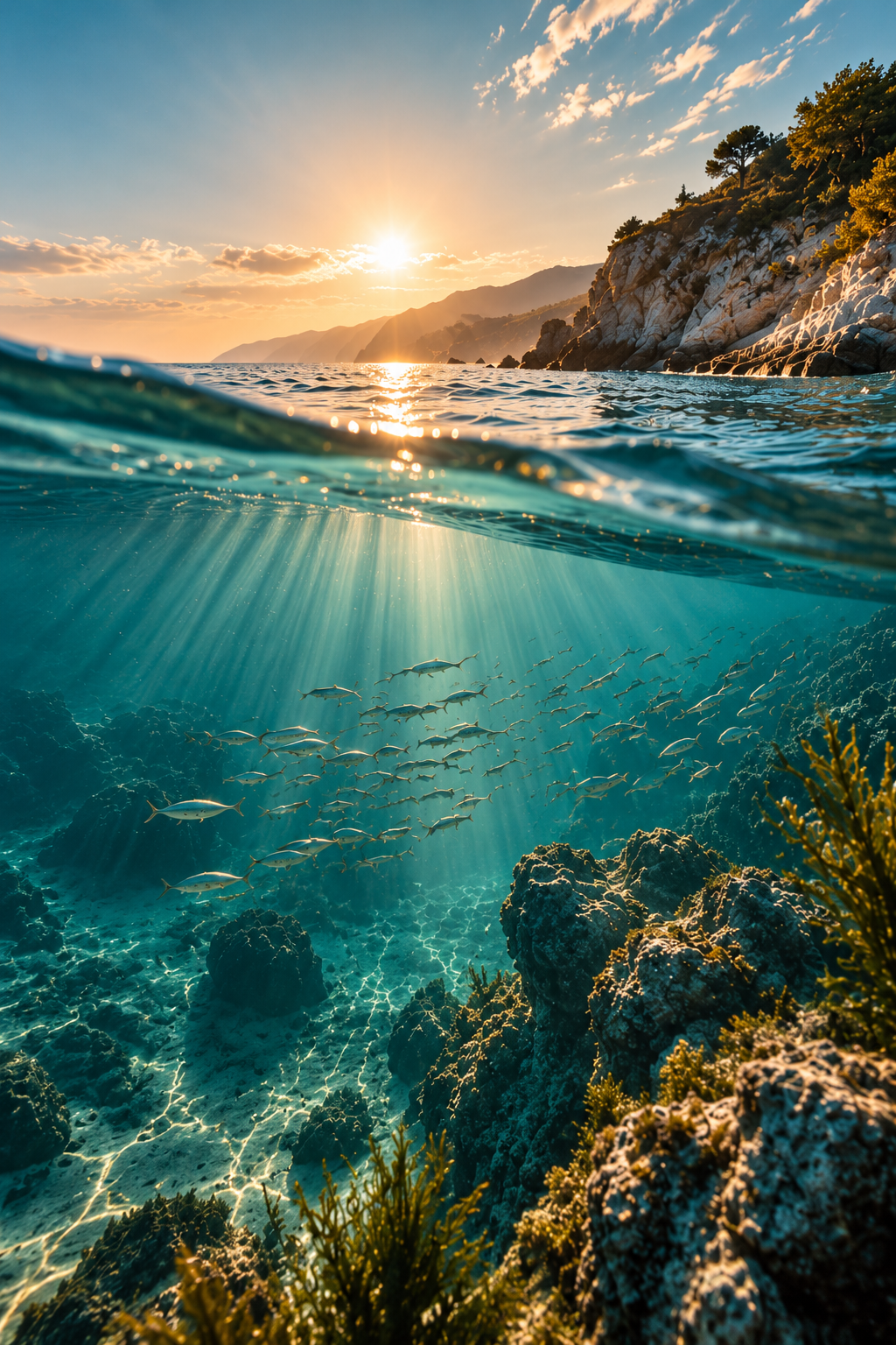 Split-level ocean scene at sunset with a rocky coastline above water and a school of fish swimming over underwater reefs