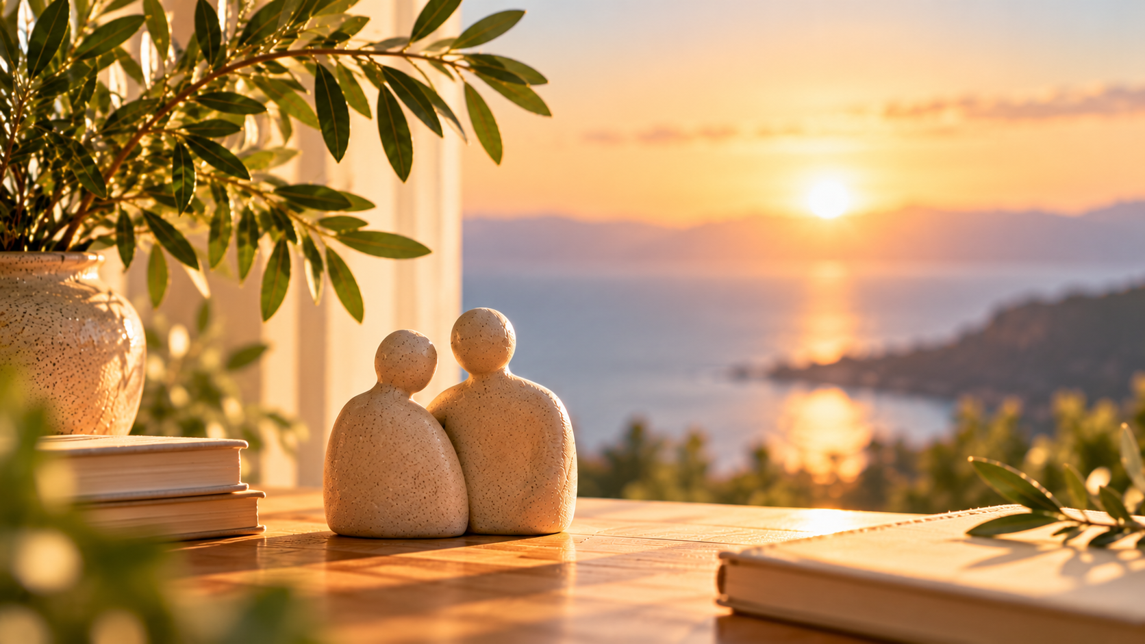 Two ceramic figurines on a sunlit table overlooking a calm ocean sunset, with books and a potted plant nearby