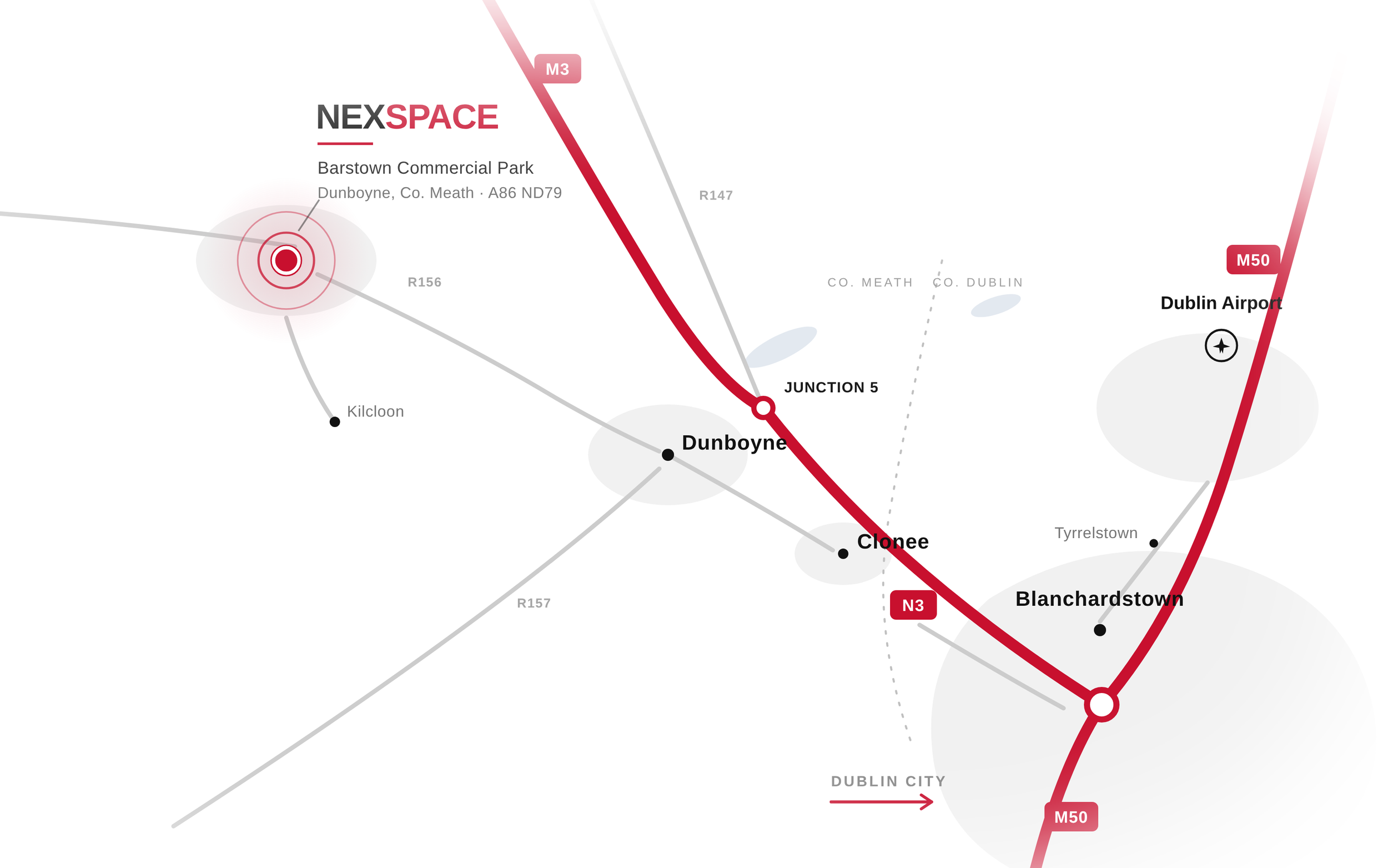 Map showing a section of the Dublin area with key locations such as Dublin Airport, Cluonom, and Blanchardstown, including major roads like the M3, N3, and M50. The map highlights the proximity of these locations and transportation routes.